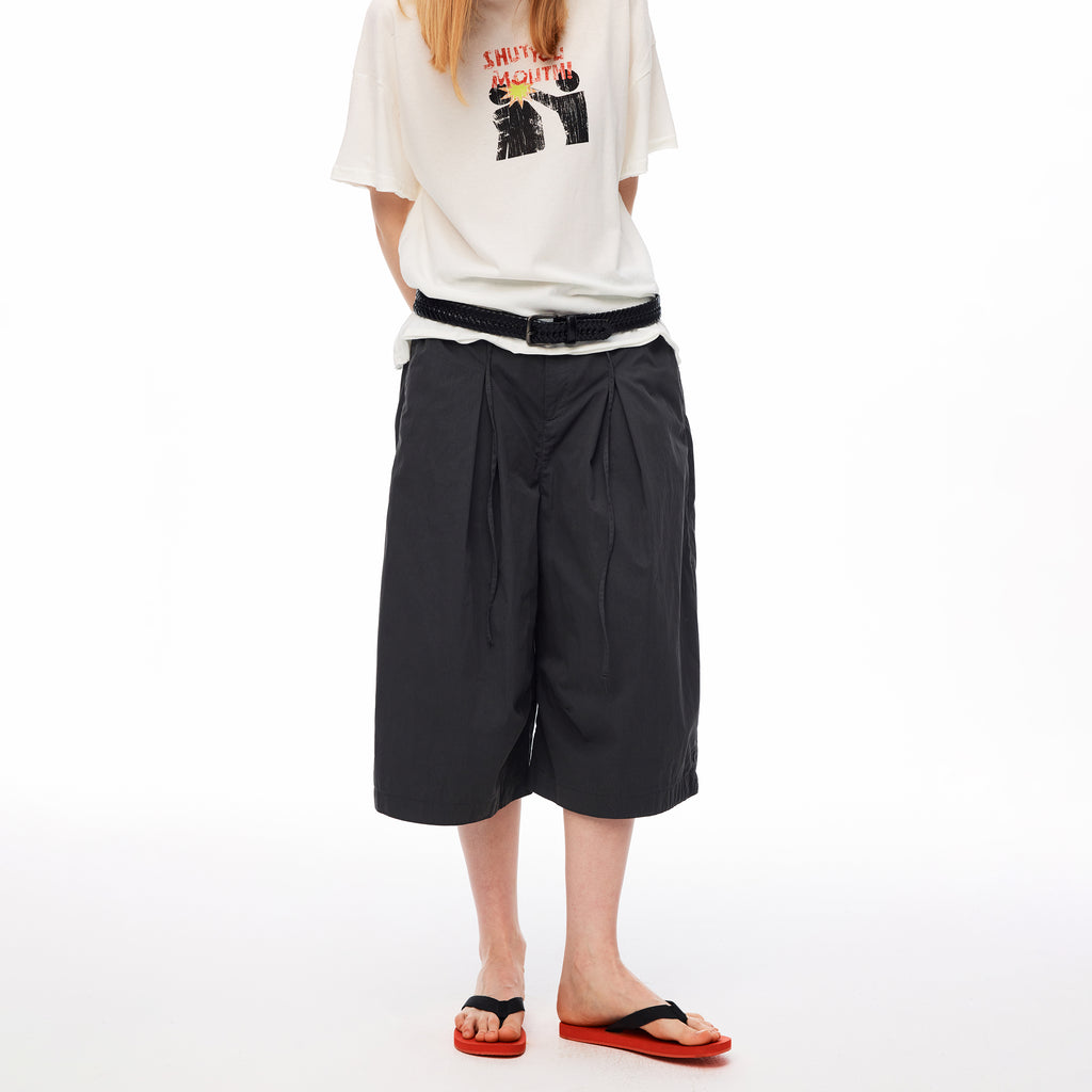 MADWITCH PLEATED DRAWSTRING DROPPED WIDE-LEG CAPRI PANTS #CK279D
