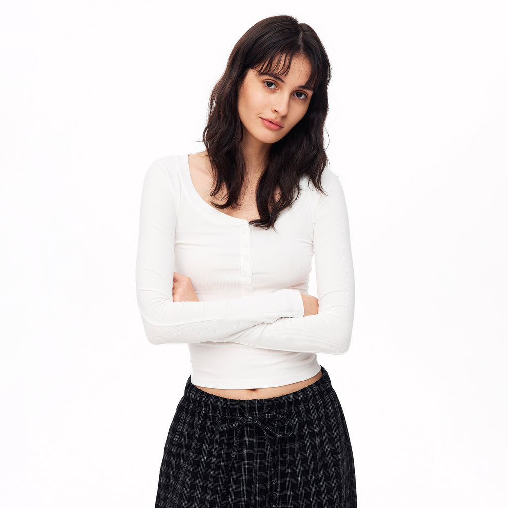 MADWITCH RIBBED U NECK HENLEY LONG SLEEVE TEE #G2079