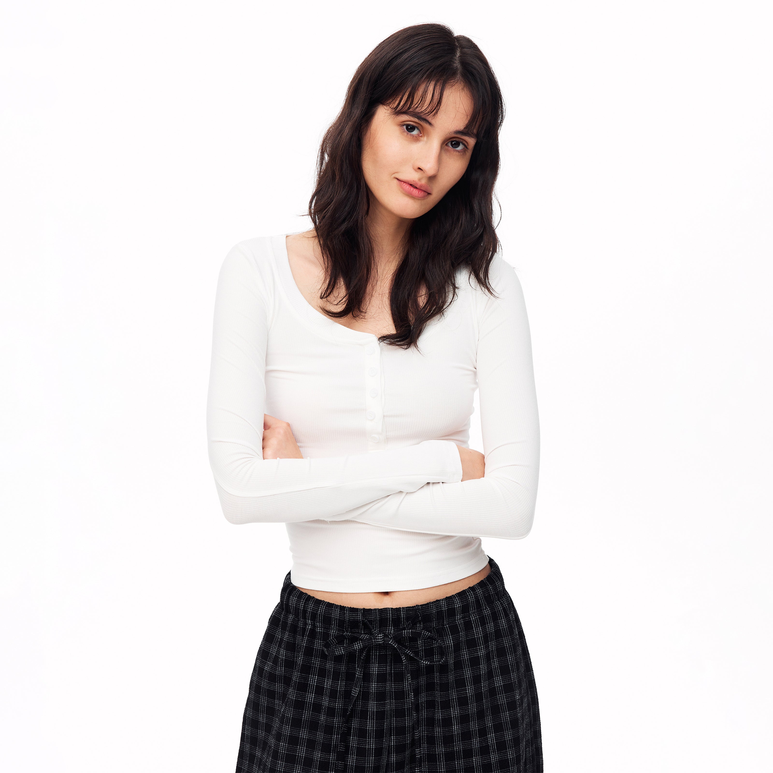 MADWITCH RIBBED U NECK HENLEY LONG SLEEVE TEE #G2079