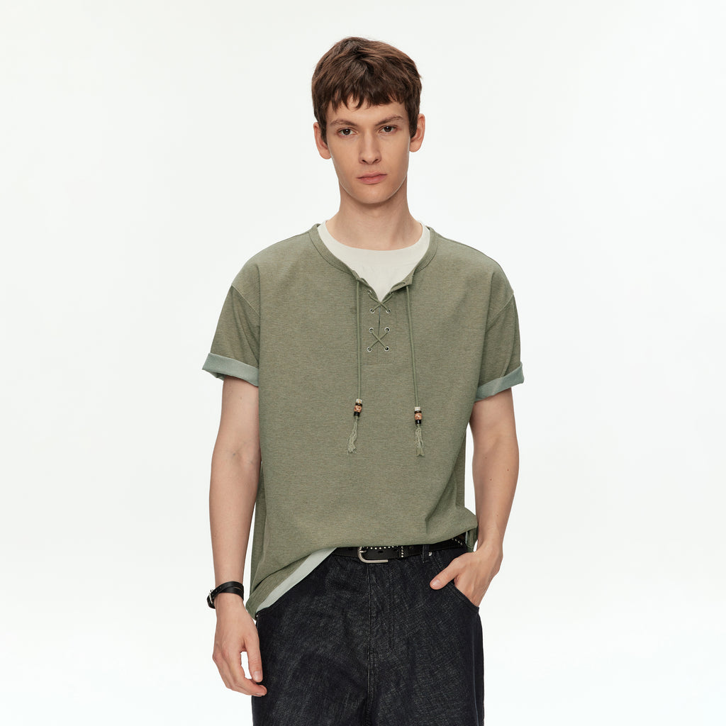MADWITCH HENLEY NECK BEADED T SHIRT #991262