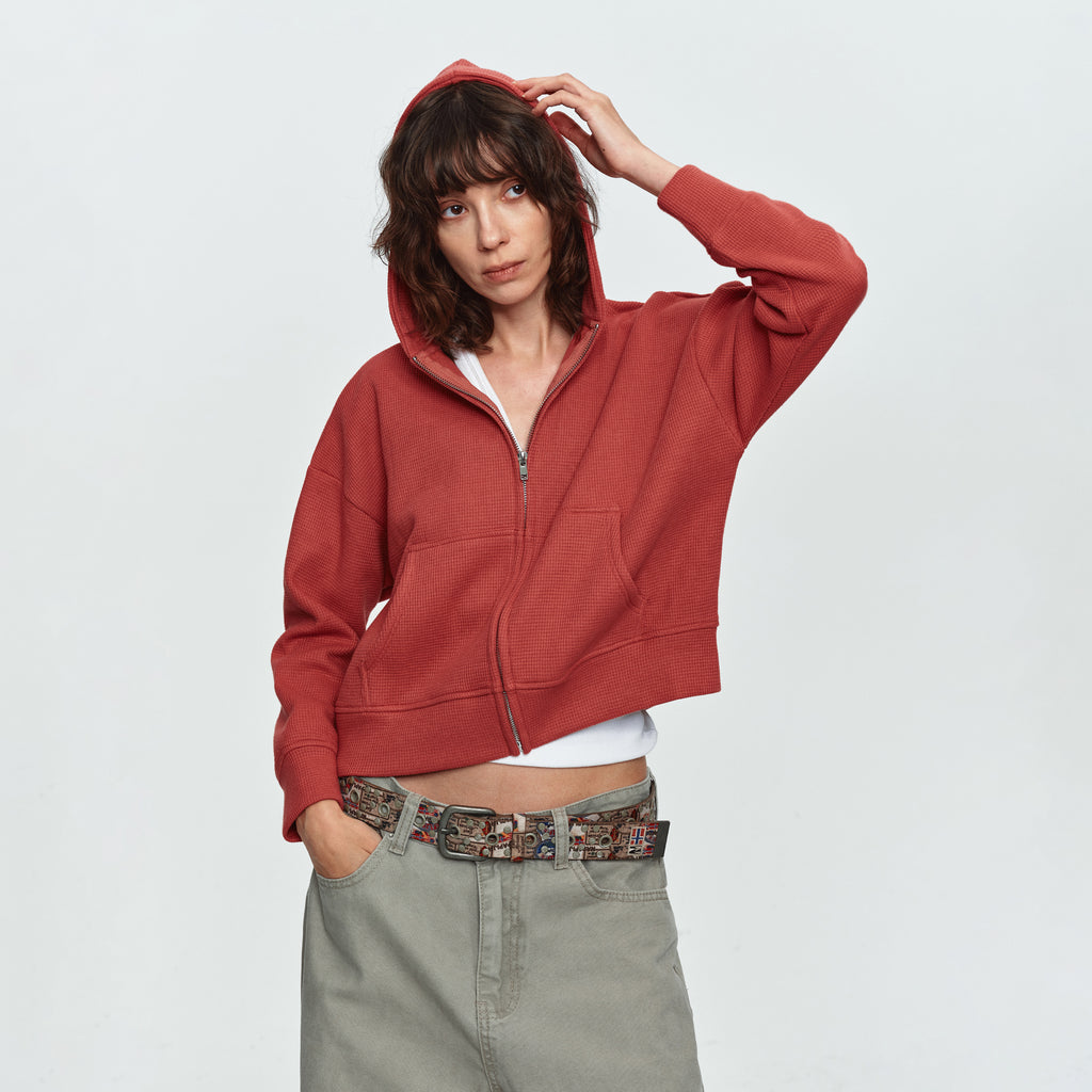 MADWITCH CROPPED WAFFLE-KNIT ZIP HOODIE #L2026736