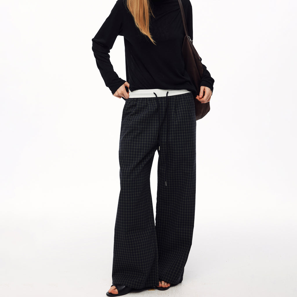 MADWITCH VINTAGE PLAID DRAWSTRING WIDE-LEG PANTS #CK61051