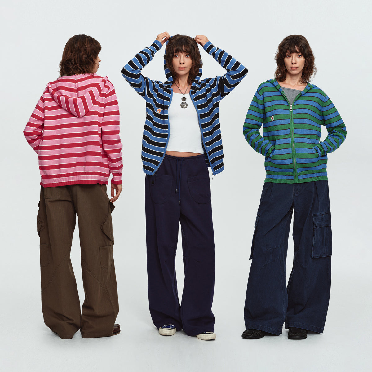 MADWITCH STRIPED EMBROIDERED ZIP HOODED CARDIGAN #L2026746
