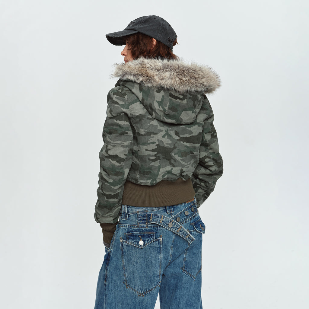 MADWITCH FAUX-FUR HOODED CINCHED CROPPED CAMO PUFFER #L2026539