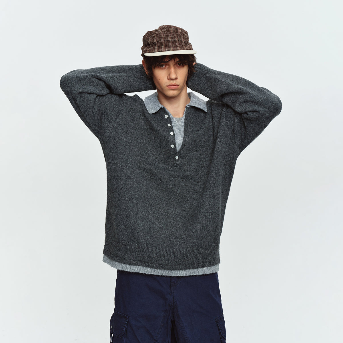 MADWITCH LAYERED CONTRAST-COLLAR BUTTON-PLACKET POLO SWEATER #68562