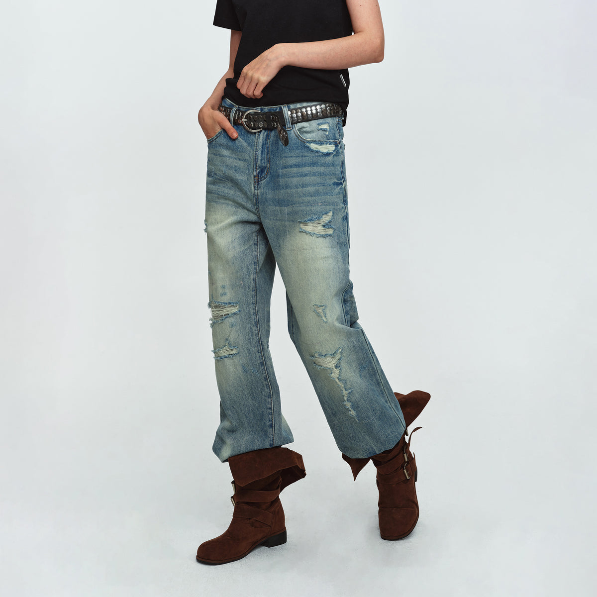 MADWITCH DISTRESSED WASHED WIDE-LEG JEANS #G60064