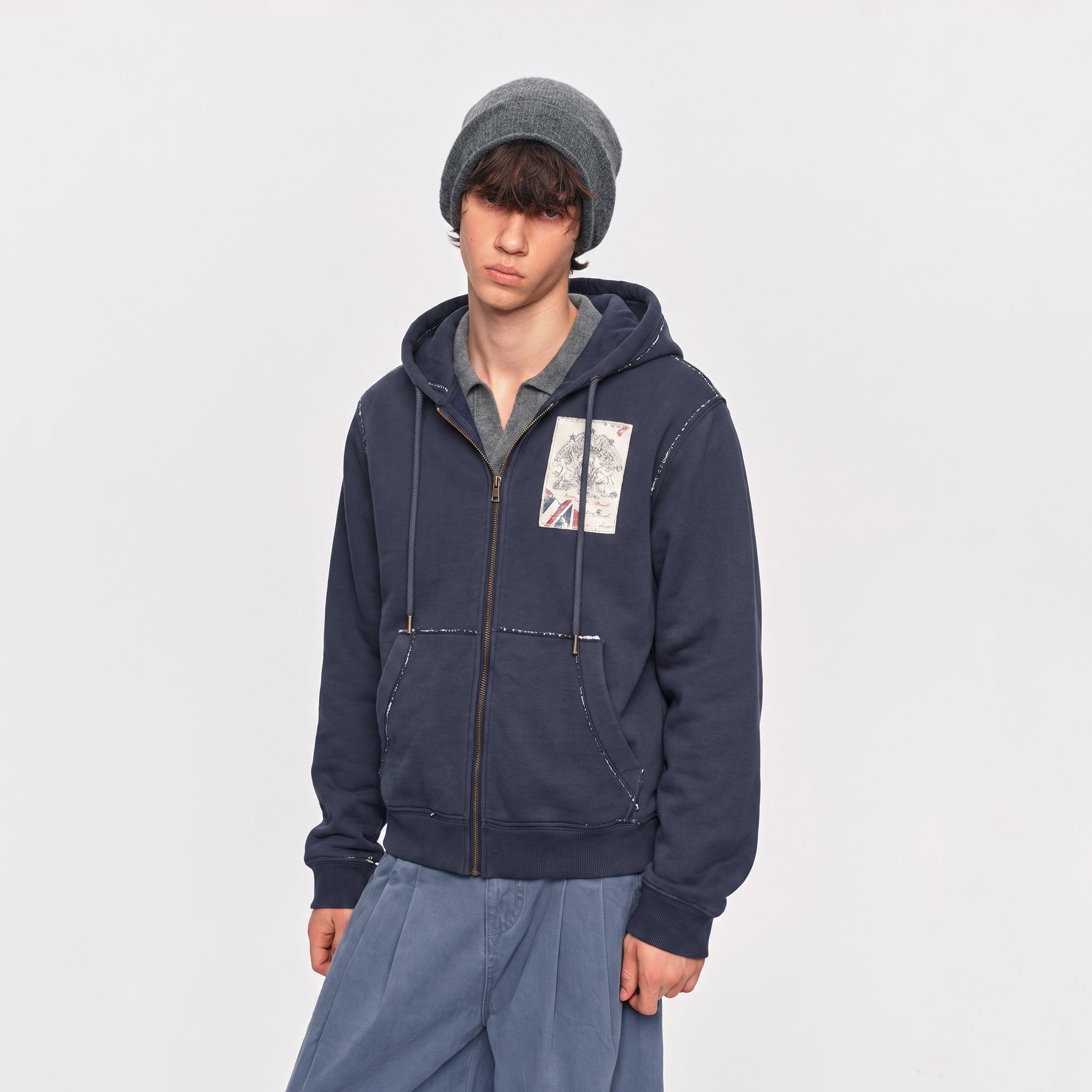 MADWITCH WASHED GRAPHIC-PATCH CROPPED ZIP HOODIE #2606WT5096