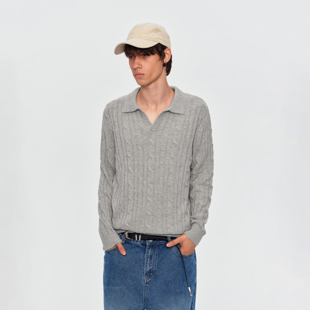 MADWITCH TEXTURED CABLE-KNIT WOOL-BLEND POLO SWEATER #11892