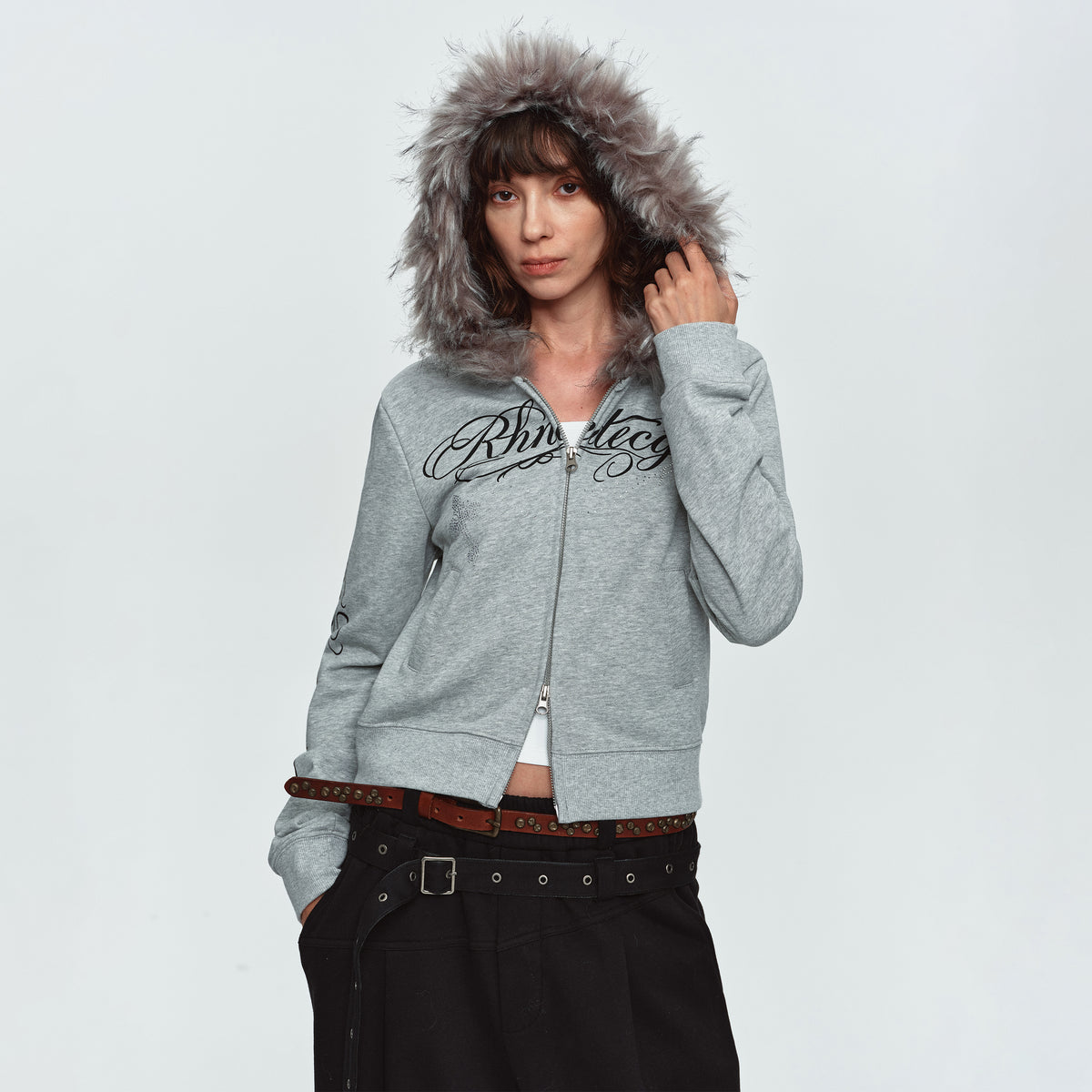 MADWITCH RHINESTONE-SCRIPT FAUX-FUR TRIM CROPPED ZIP HOODIE #L2026585