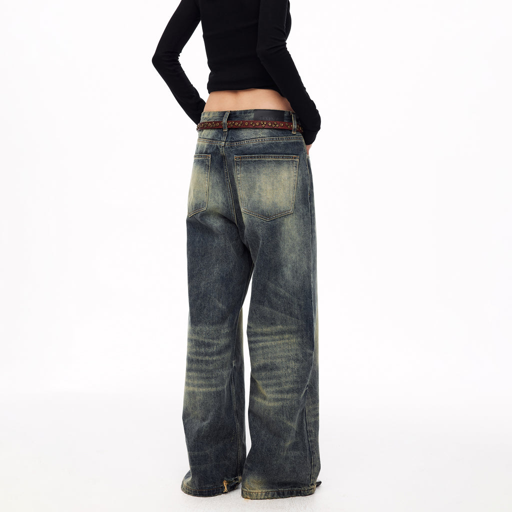 MADWITCH BUTTON-FLY DISTRESSED WIDE-LEG JEANS #DR8218