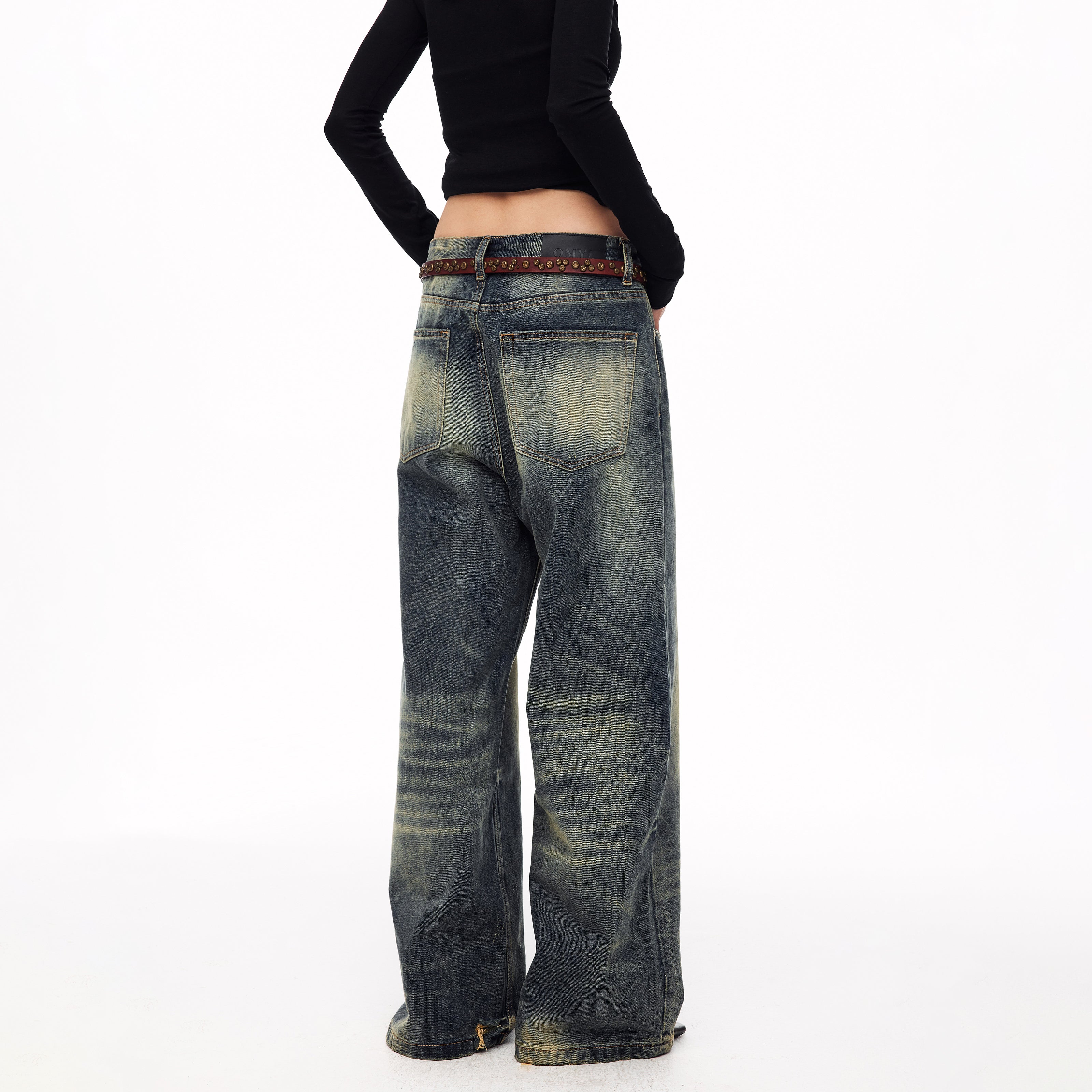 MADWITCH BUTTON-FLY DISTRESSED WIDE-LEG JEANS #DR8218