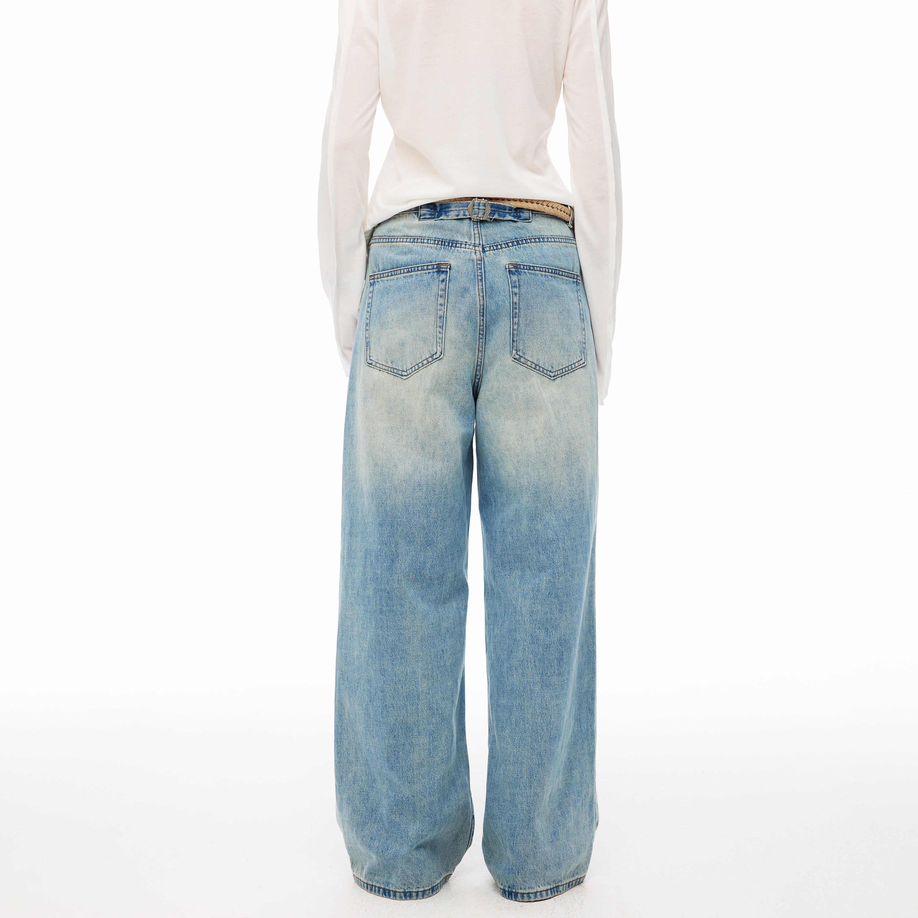 MADWITCH WASHED BUCKLE-BACK WIDE-LEG JEANS #CK9828
