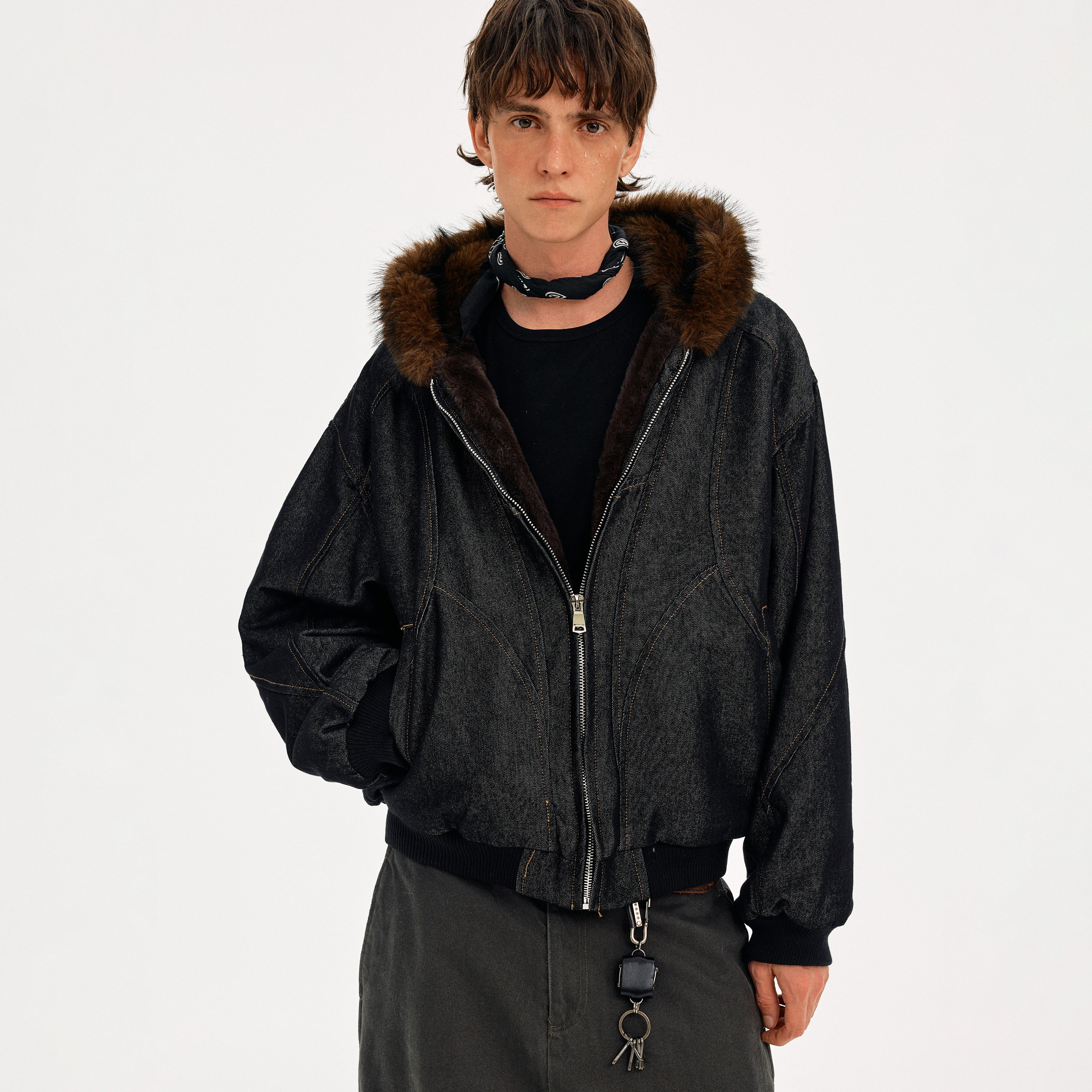 MADWITCH WASHED DENIM FUR COLLAR JACKET #Z2628