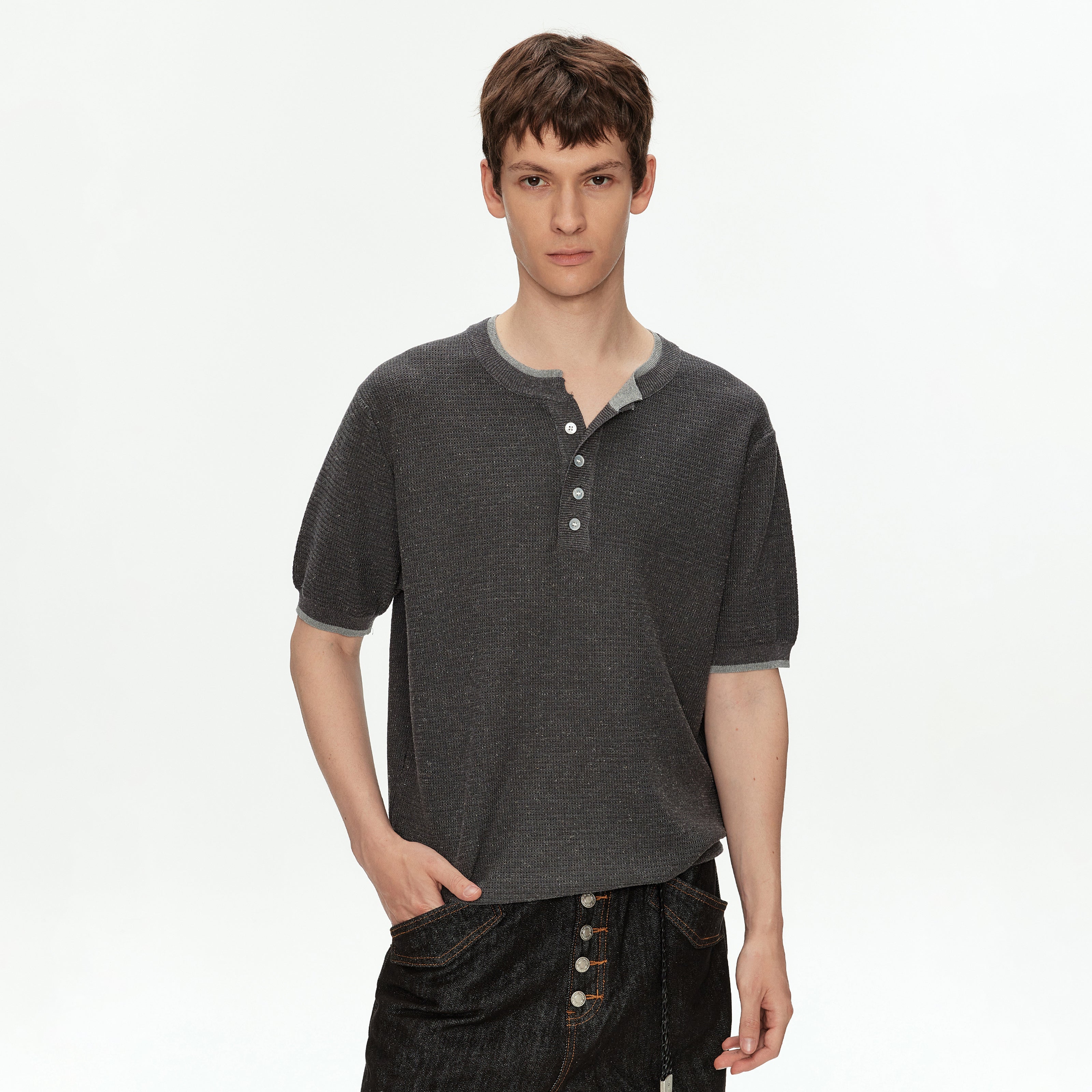 MADWITCH CONTRAST HENLEY KNIT T SHIRT #68695