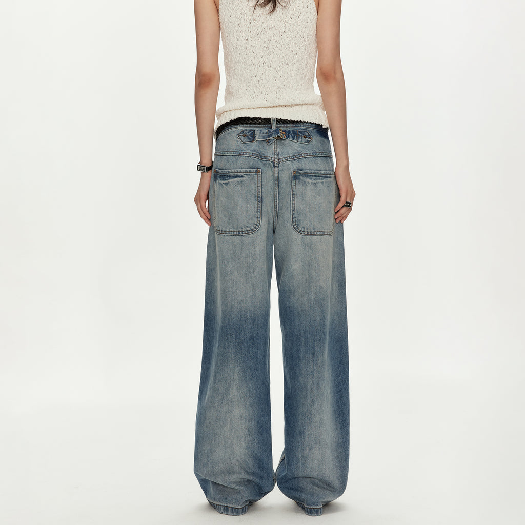 MADWITCH VINTAGE WASHED MARTINGALE WIDE JEANS #GPC9812