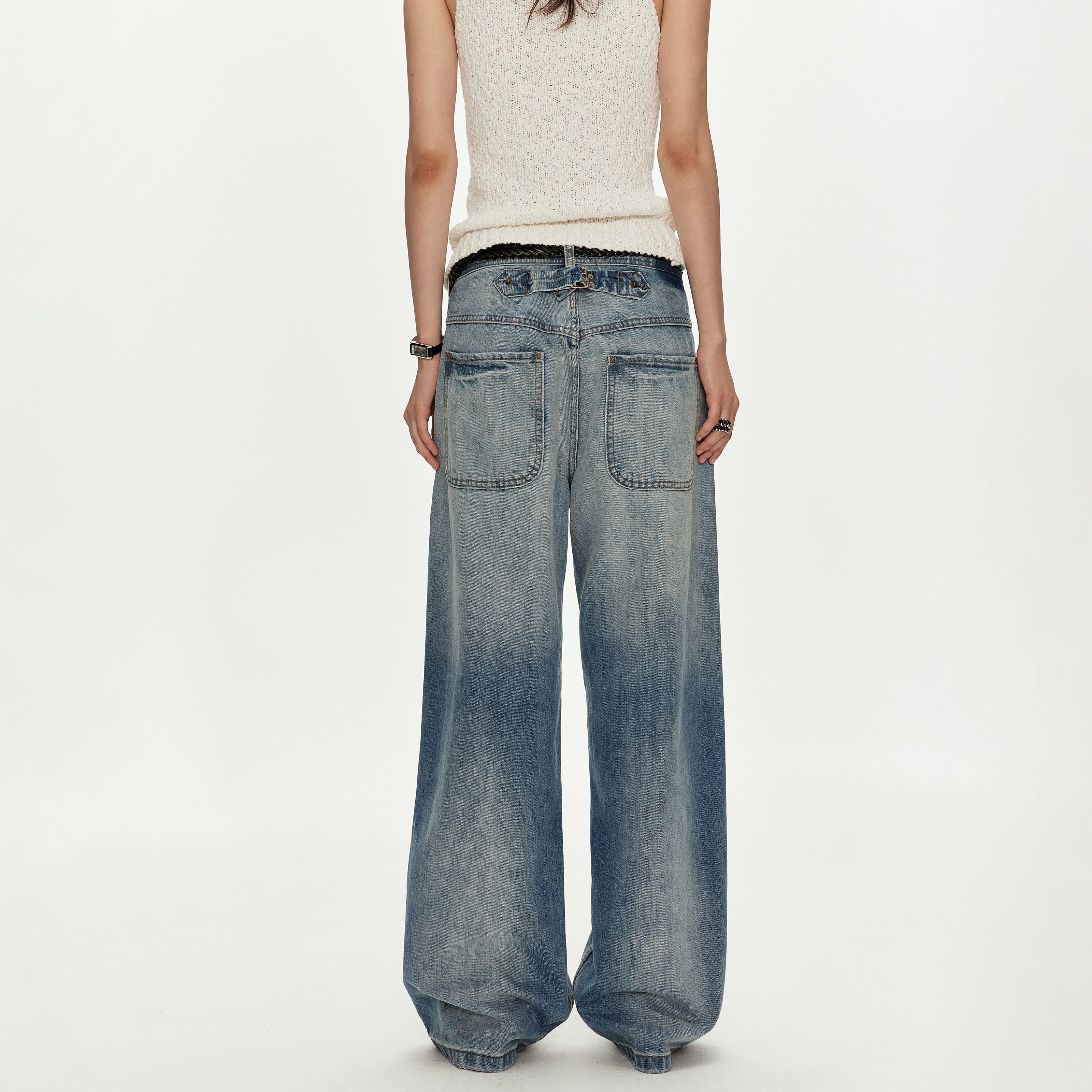 MADWITCH VINTAGE WASHED MARTINGALE WIDE JEANS #GPC9812
