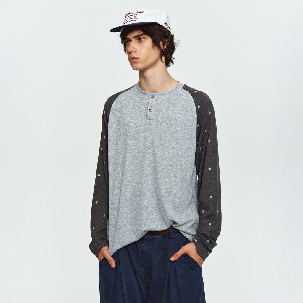 MADWITCH STAR-PRINT COLOR-BLOCK RAGLAN HENLEY TEE #2607TX5113