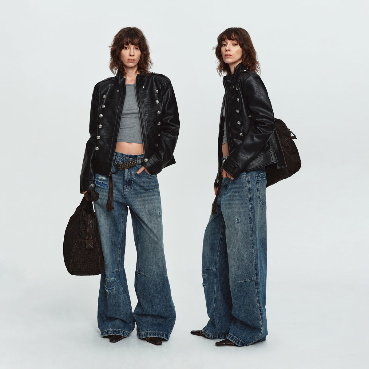 MADWITCH CONTRAST-STITCH WAXED-BLACK WIDE-LEG JEANS #GPC9859