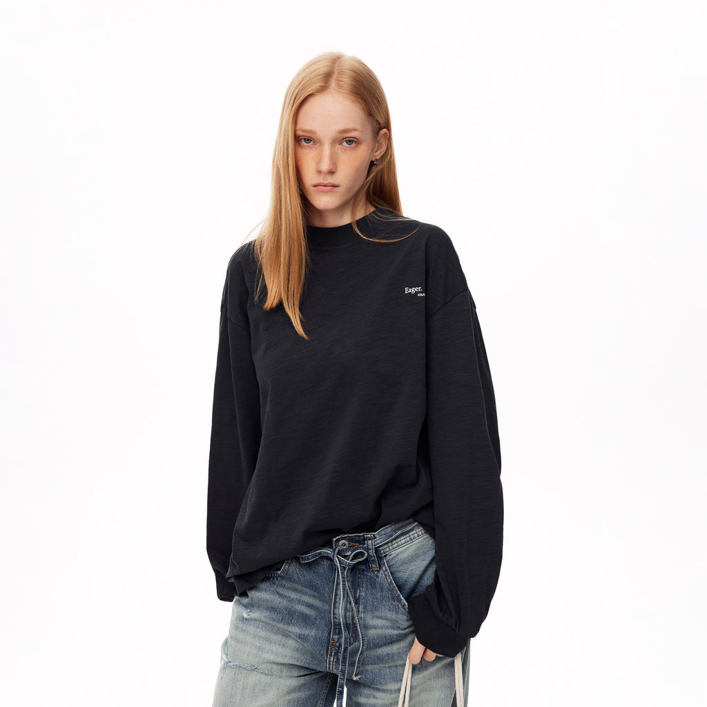 MADWITCH LOOSE LETTER-PRINT MOCK-NECK LONG-SLEEVE T-SHIRT #N2096