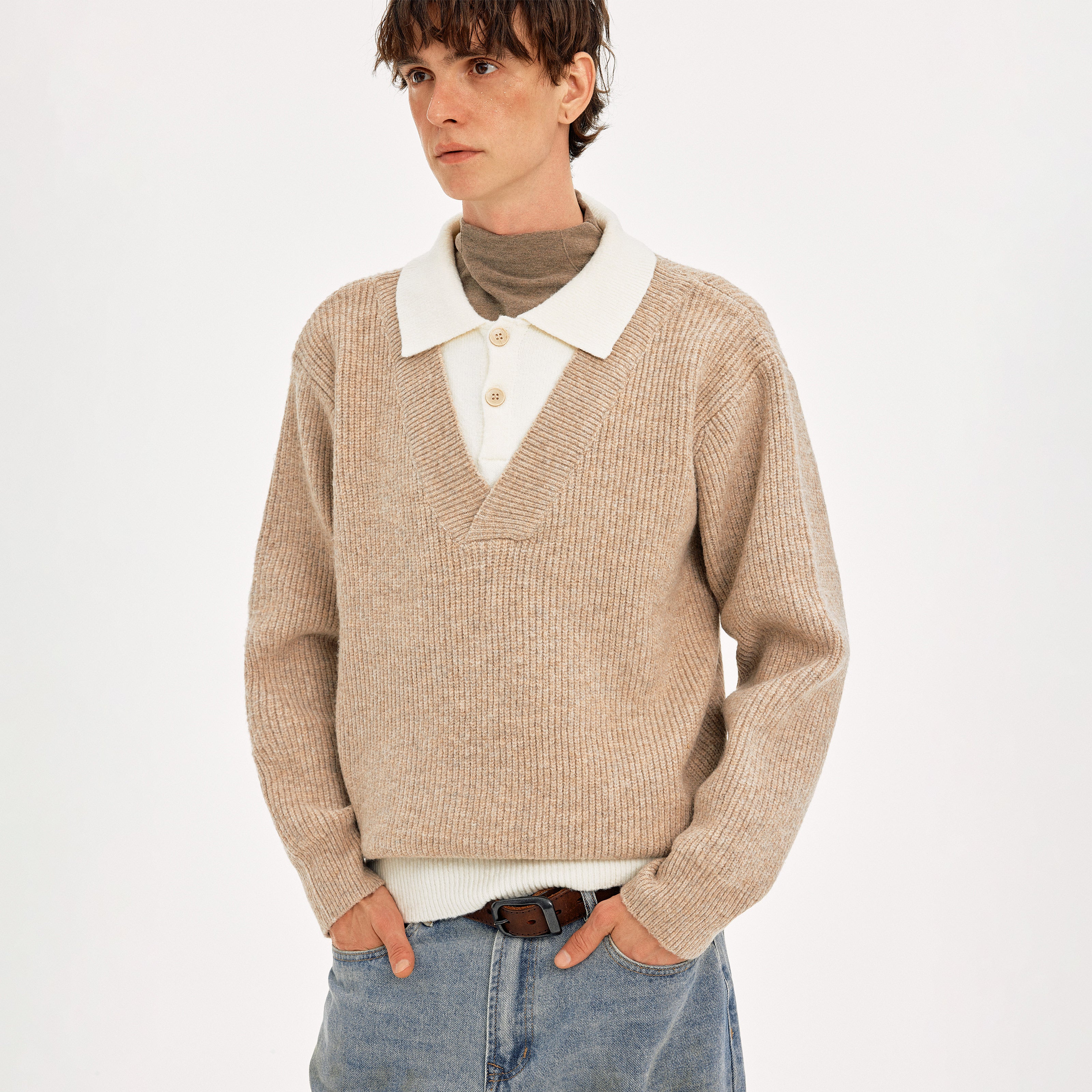 MADWITCH COLORBLOCK FAUX LAYER WOOL SWEATER #STYY8888