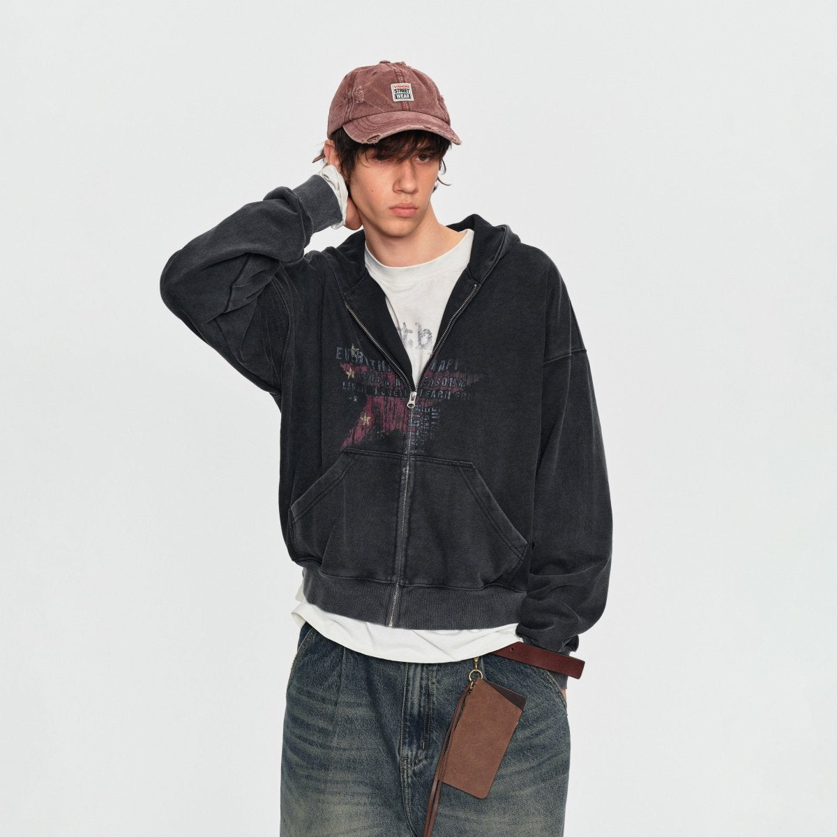 MADWITCH STAR GRAPHIC WASHED ZIP HOODIE 27561 - MadWitch Store