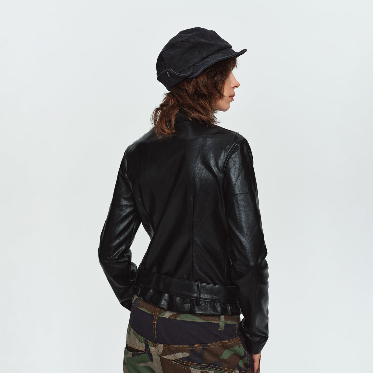 MADWITCH BELTED CROPPED FAUX-LEATHER BIKER JACKET #CW1383N