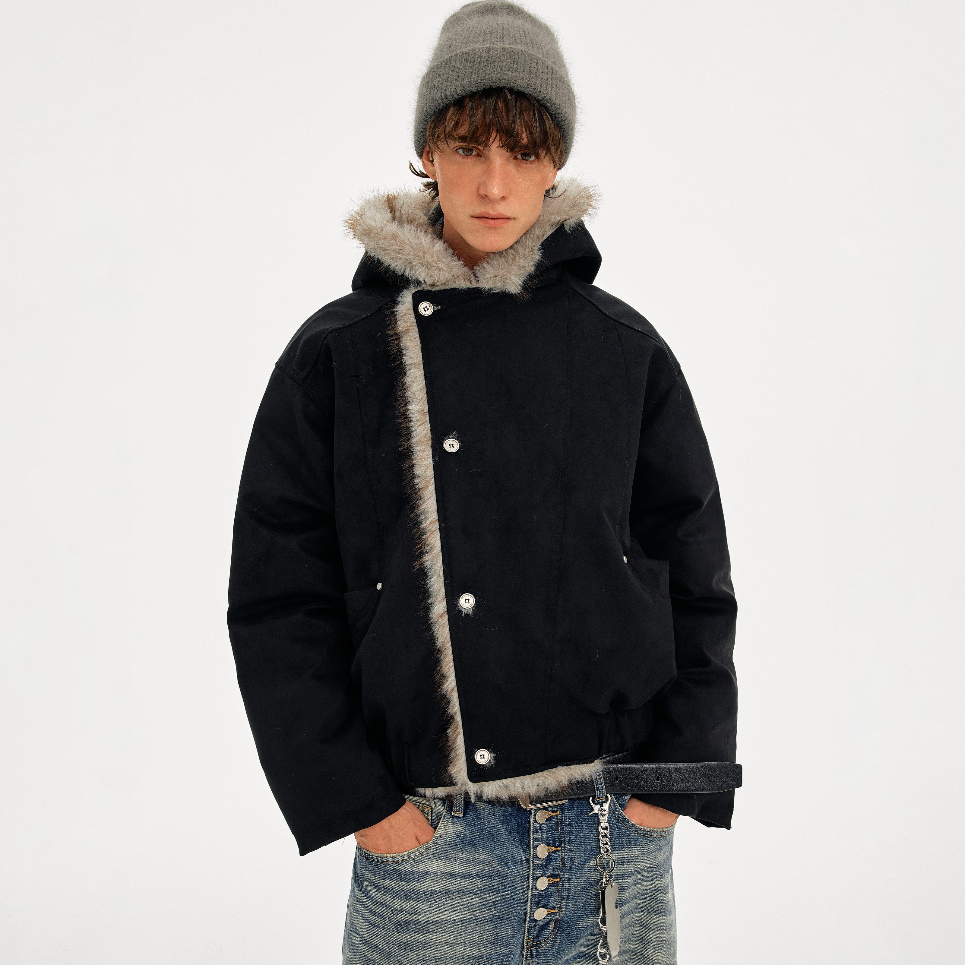 MADWITCH SUEDE HOODED QUILTED FUR JACKET #AW25505