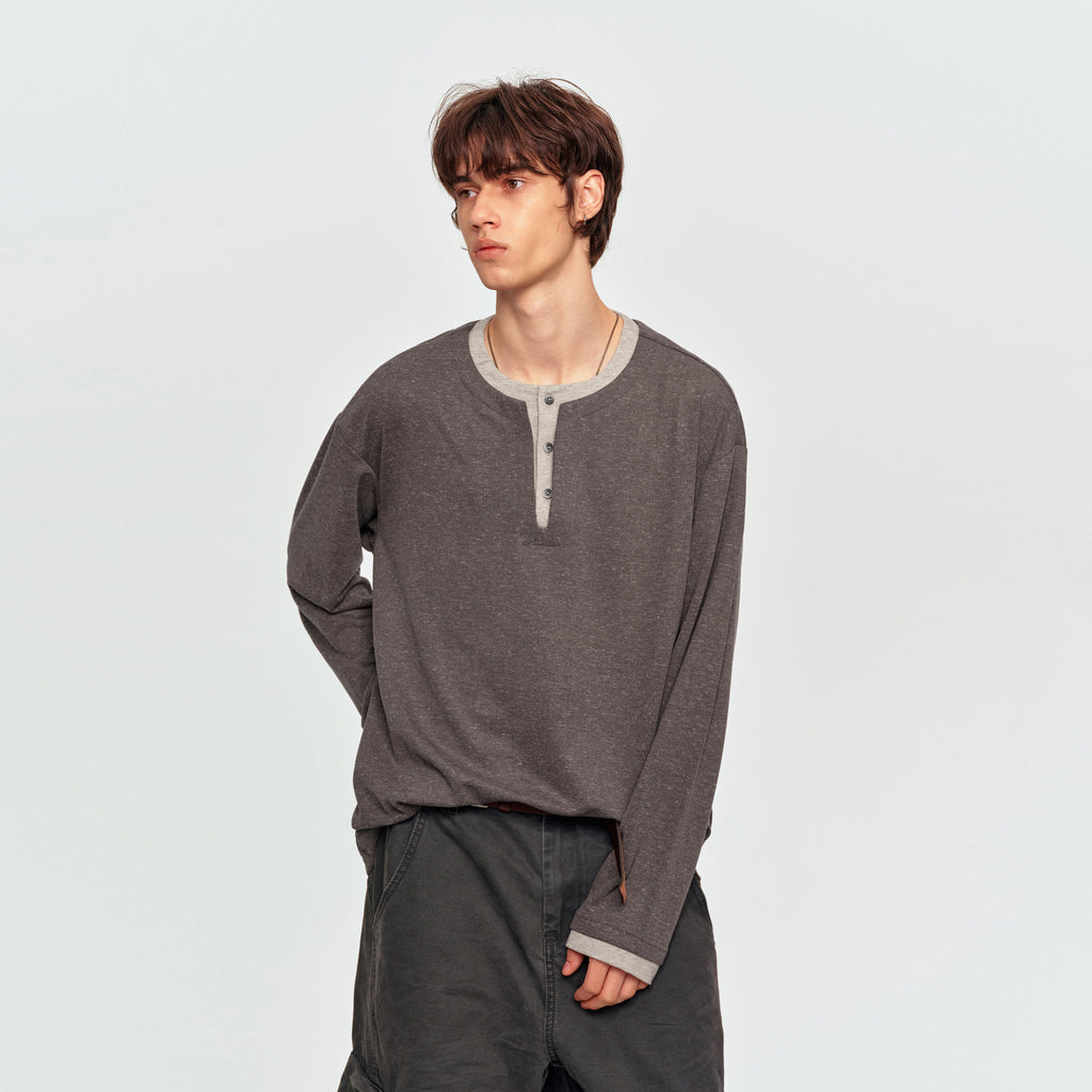MADWITCH CONTRAST-RIB MARLED HENLEY SHIRT #880938