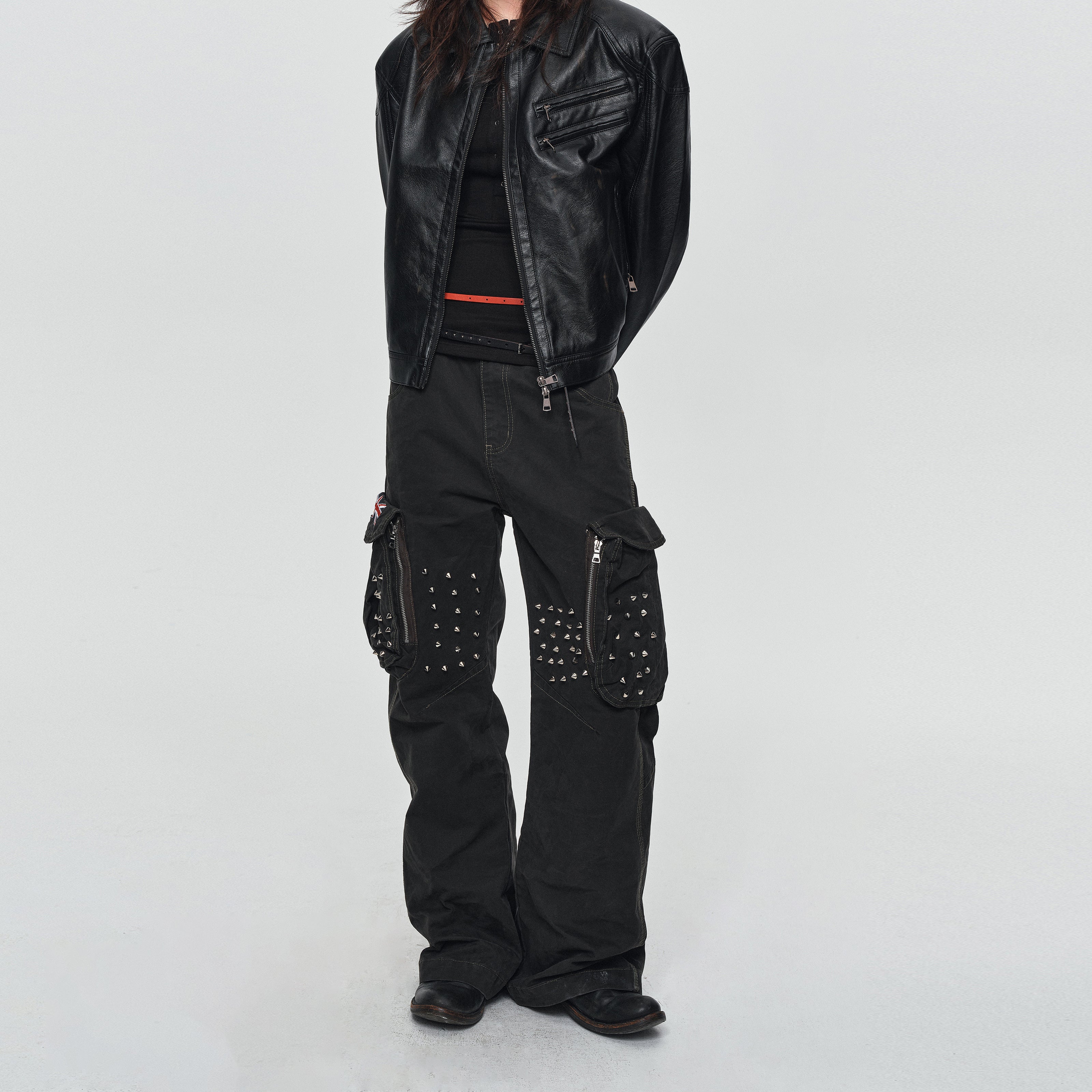MADWITCH STUDDED WASHED MULTI-POCKET CARGO PANTS #L2026580