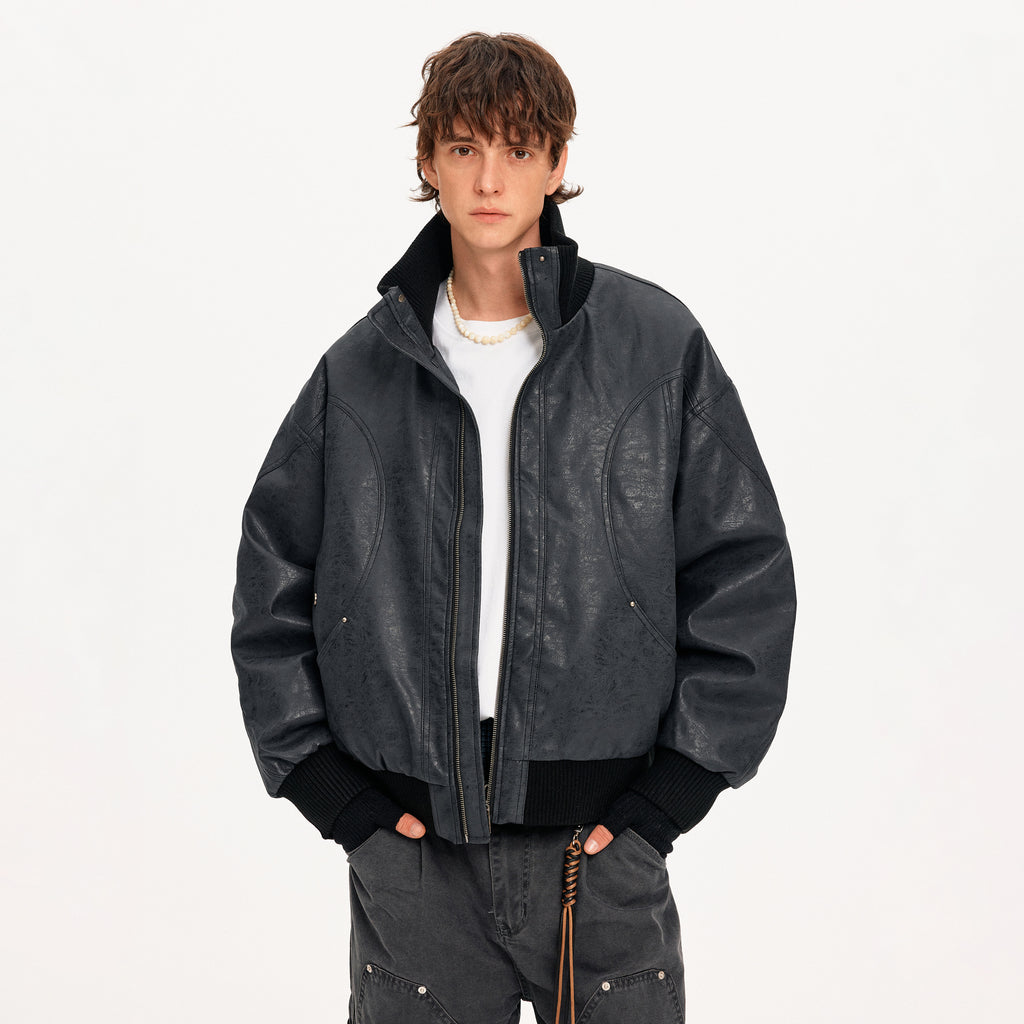 MADWITCH DISTRESSED PU STAND COLLAR JACKET #991101
