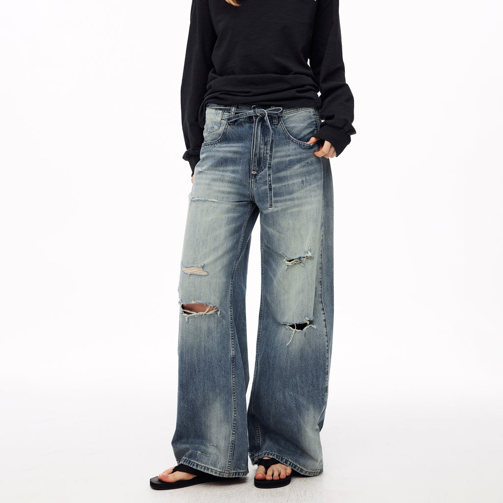 MADWITCH BELTED DISTRESSED CURVED JEANS #CK9836
