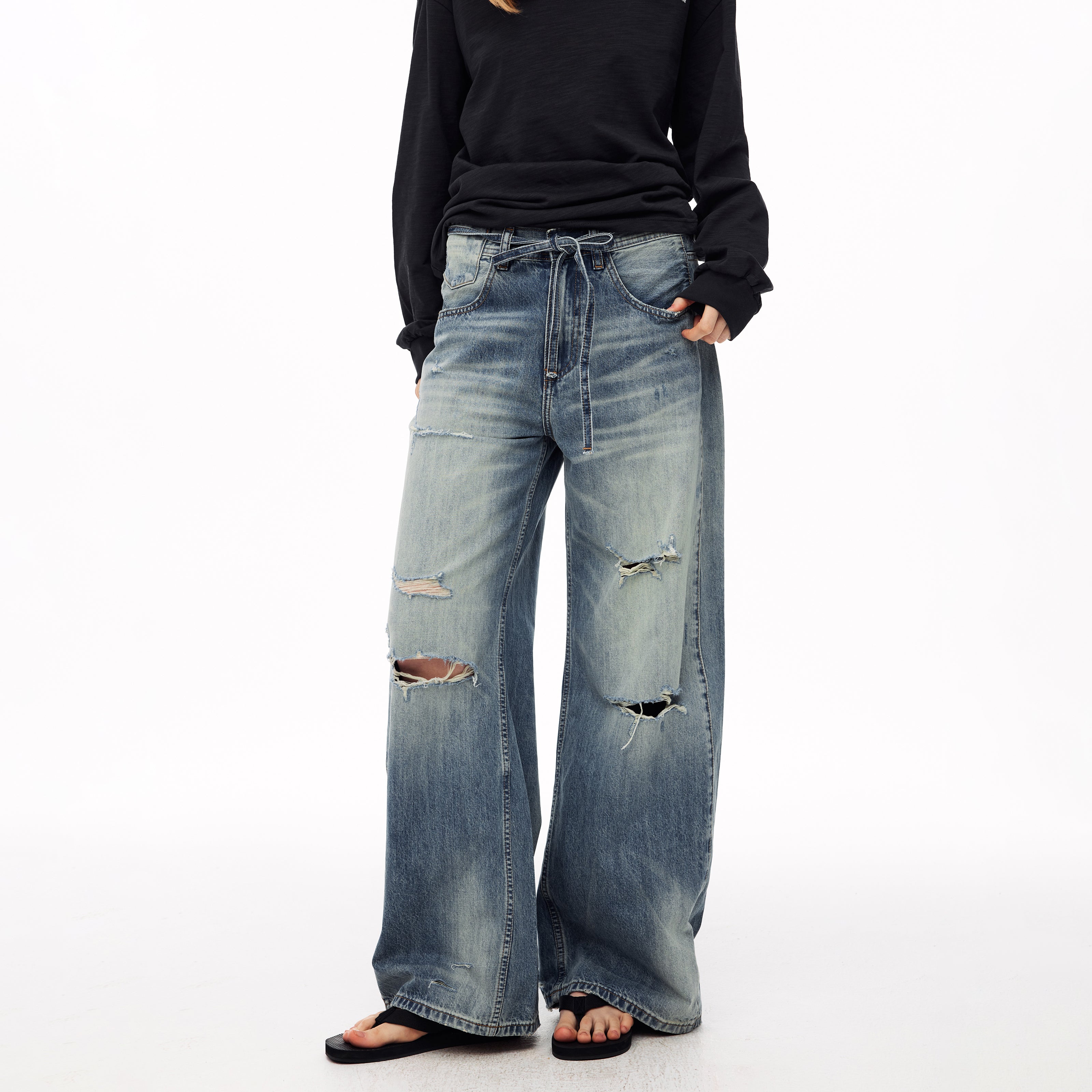 MADWITCH BELTED DISTRESSED CURVED JEANS #CK9836