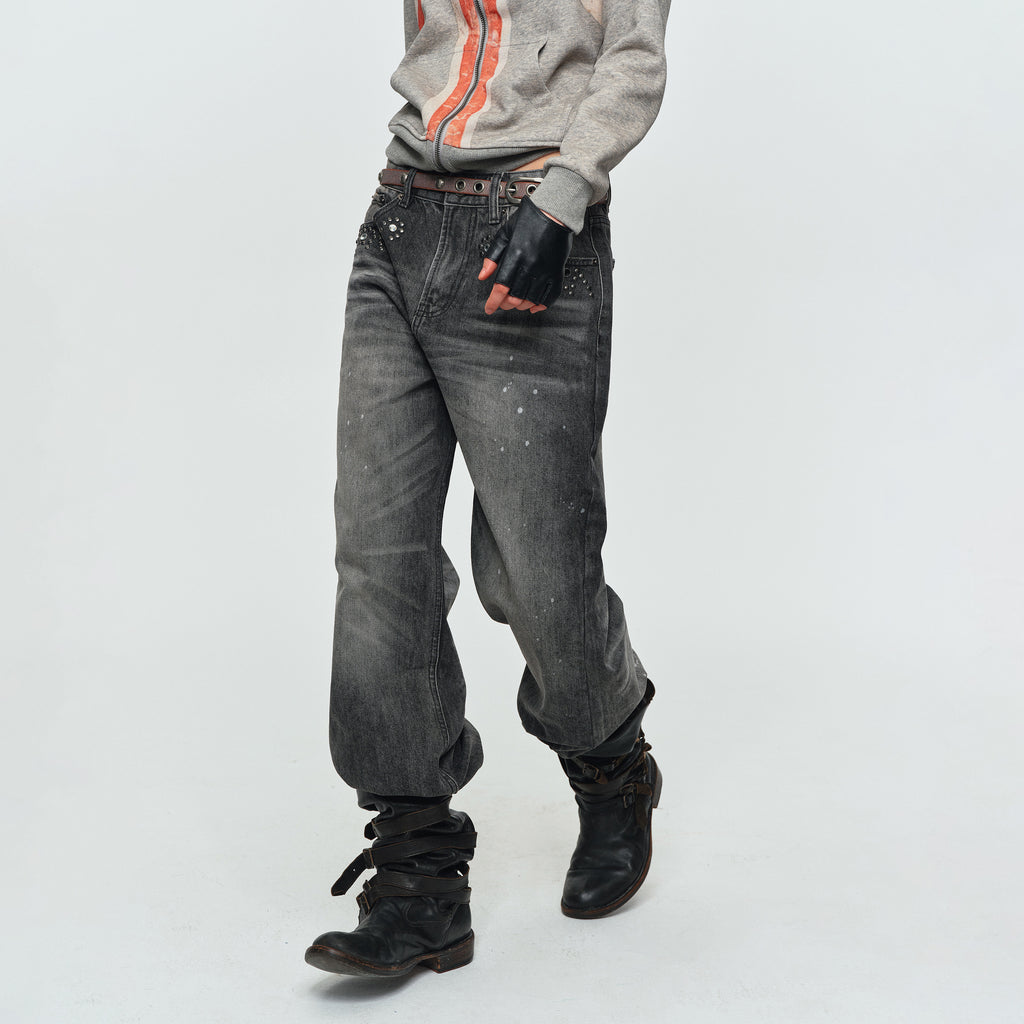 MADWITCH RHINESTONE WASHED WIDE-LEG JEANS #G60078