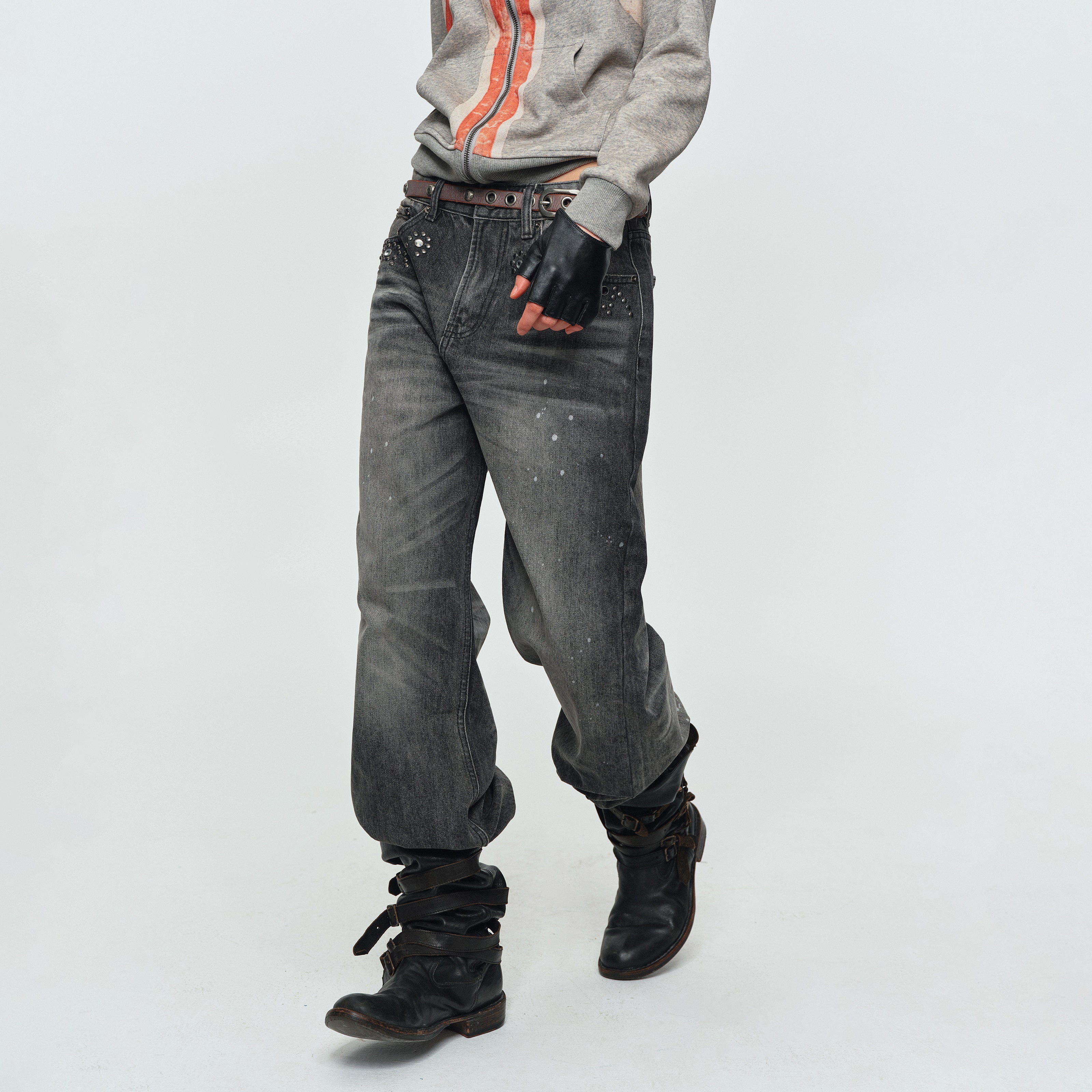 MADWITCH RHINESTONE WASHED WIDE-LEG JEANS #G60078