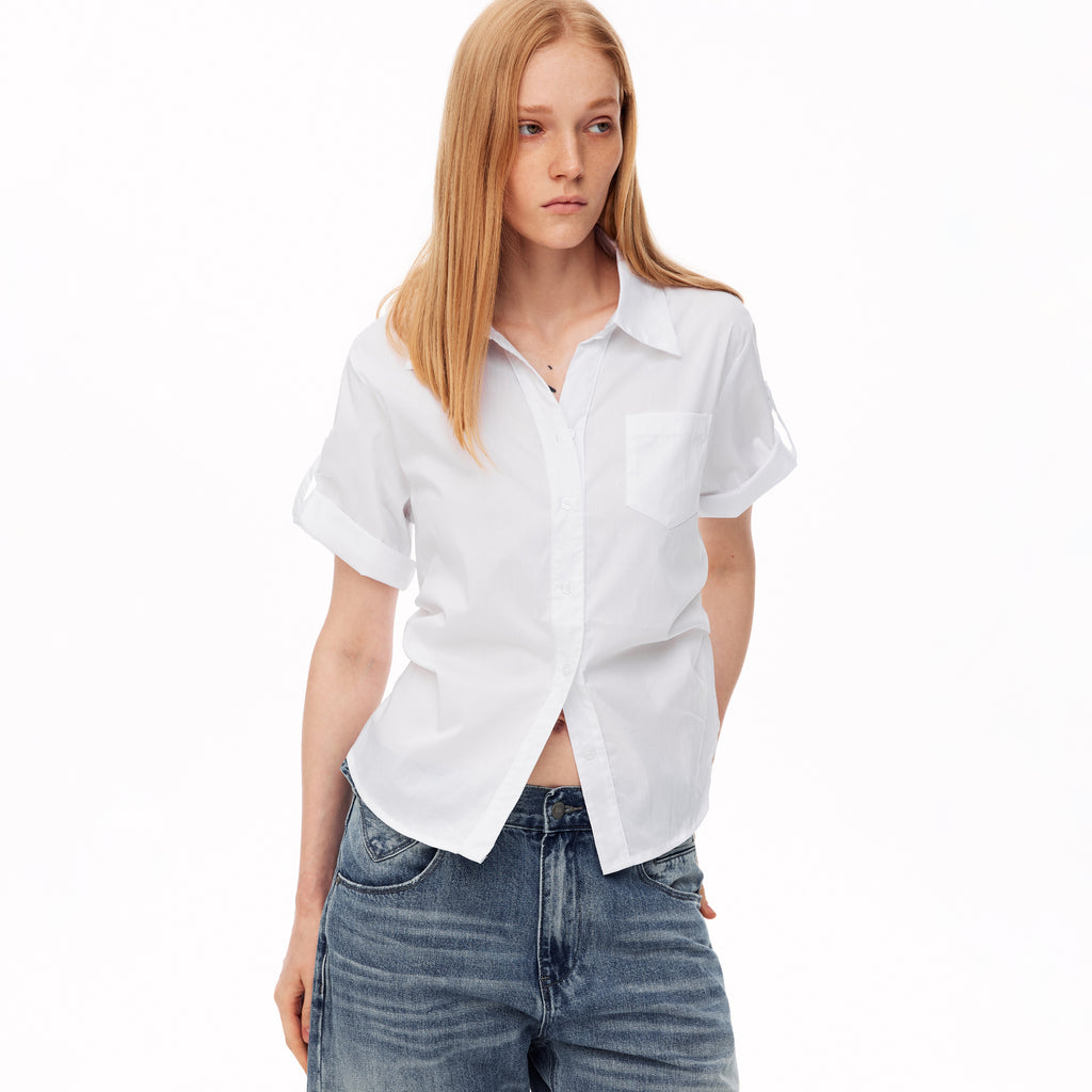 MADWITCH RUFFLED WAIST SINGLE POCKET SHORT SLEEVE SHIRT #G26472