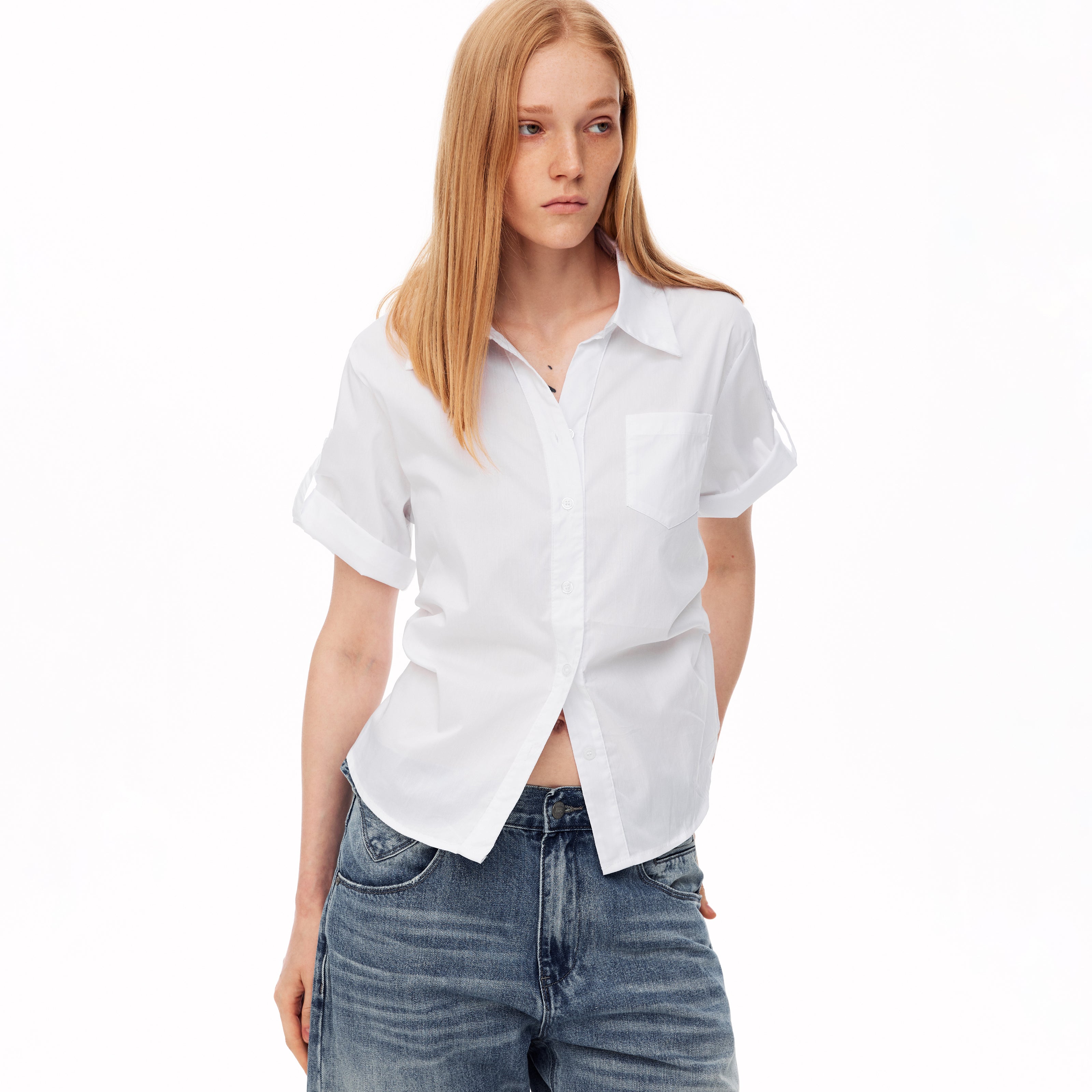 MADWITCH RUFFLED WAIST SINGLE POCKET SHORT SLEEVE SHIRT #G26472