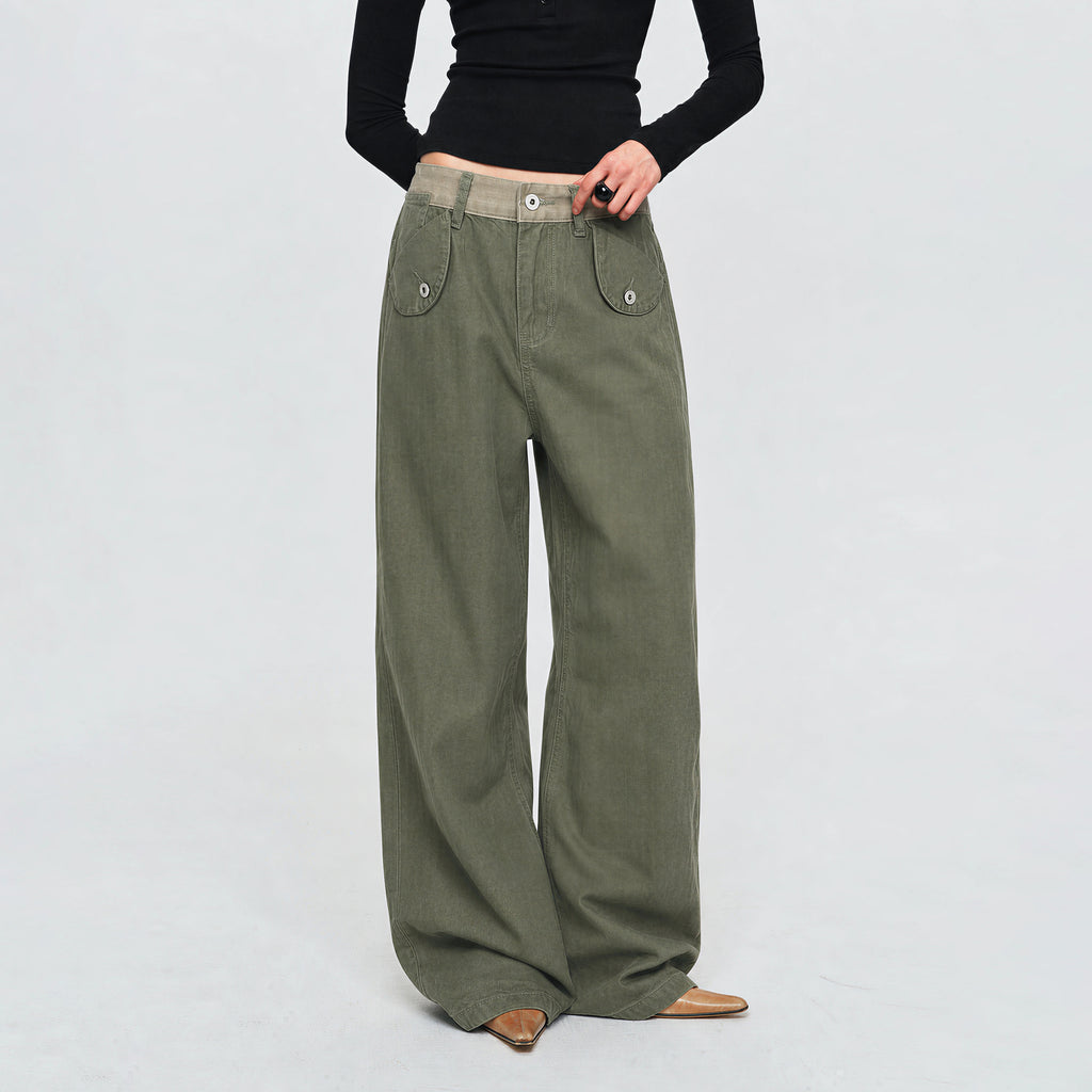 MADWITCH CONTRAST-WAIST FLAP-POCKET CARGO PANTS #Z071