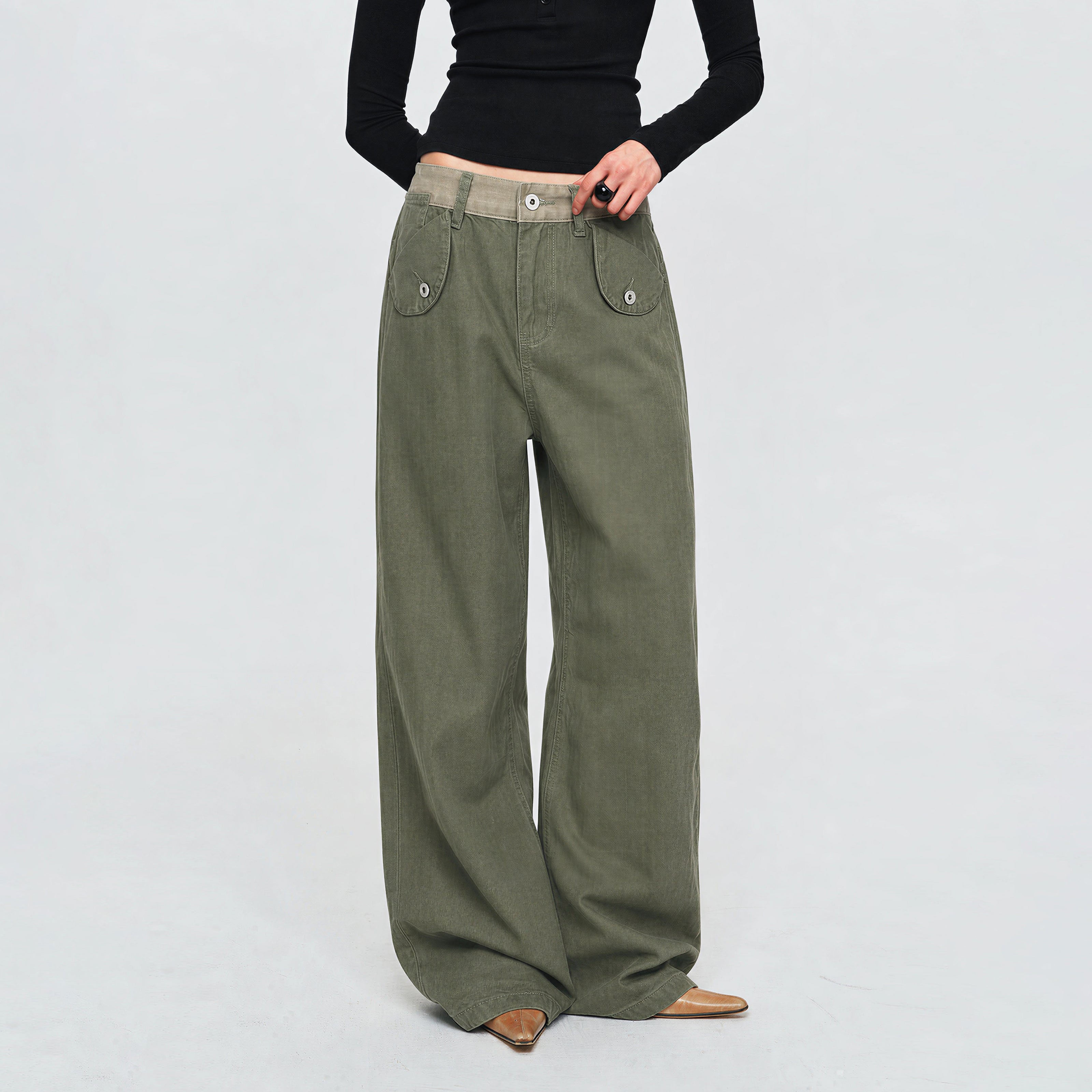 MADWITCH CONTRAST-WAIST FLAP-POCKET CARGO PANTS #Z071
