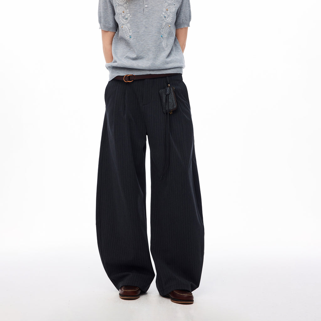 MADWITCH STRIPED PLEATED CURVED WIDE-LEG PANTS #CK61039