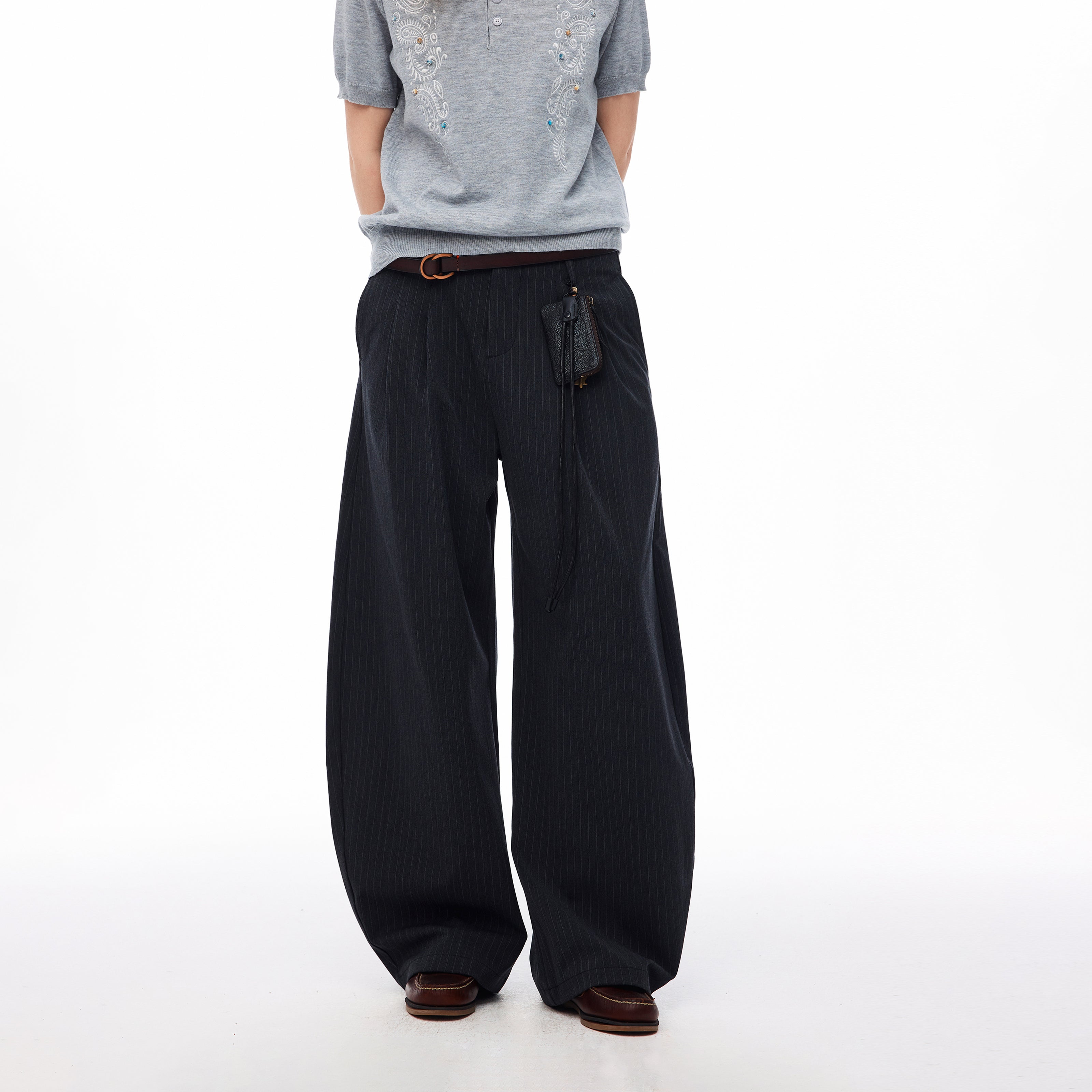 MADWITCH STRIPED PLEATED CURVED WIDE-LEG PANTS #CK61039