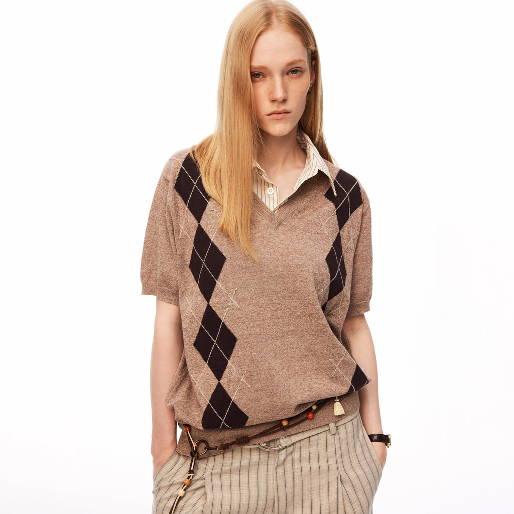 MADWITCH PREPPY ARGENTINA V-NECK SHIRT COLLAR KNIT TEE #991330