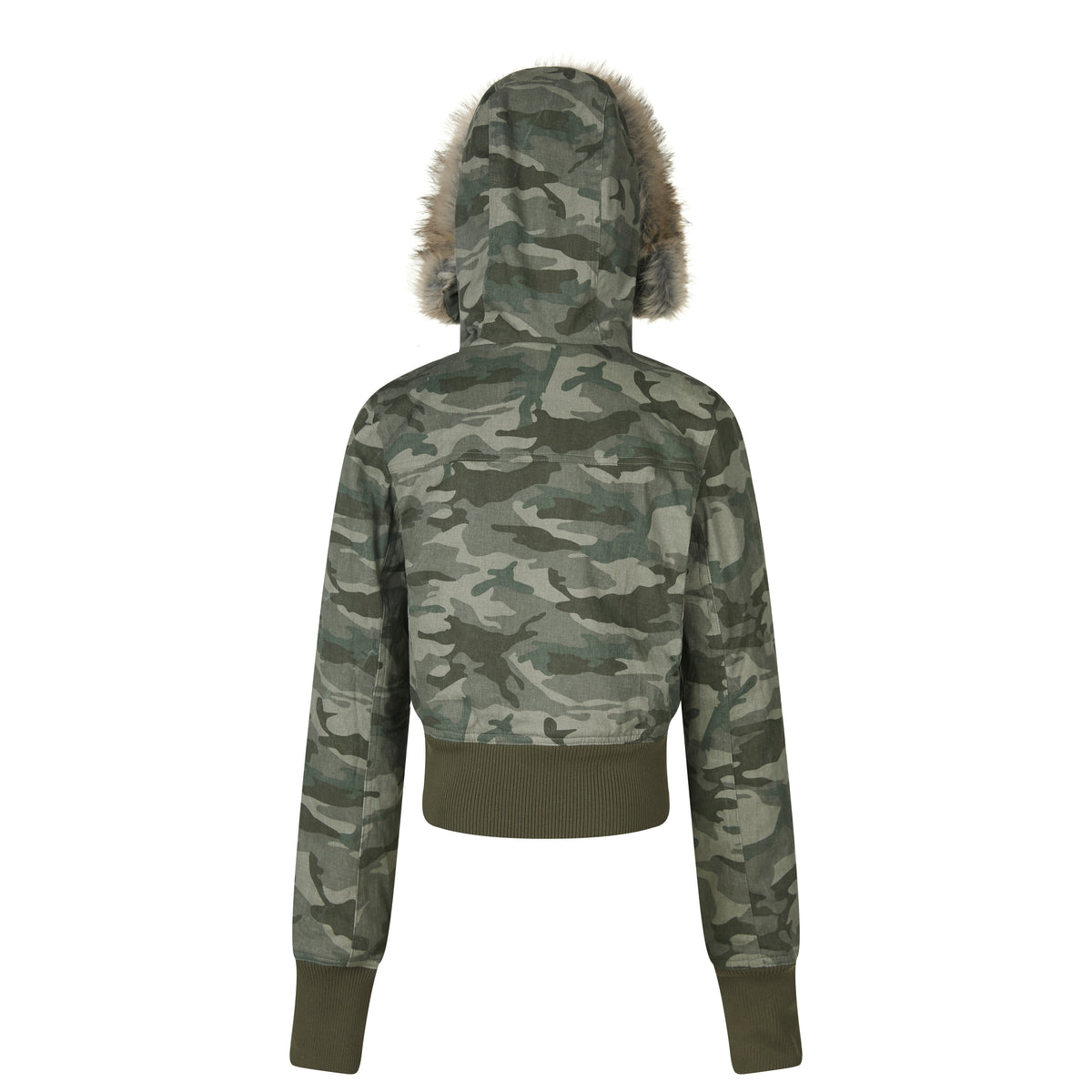 MADWITCH FAUX-FUR HOODED CINCHED CROPPED CAMO PUFFER #L2026539