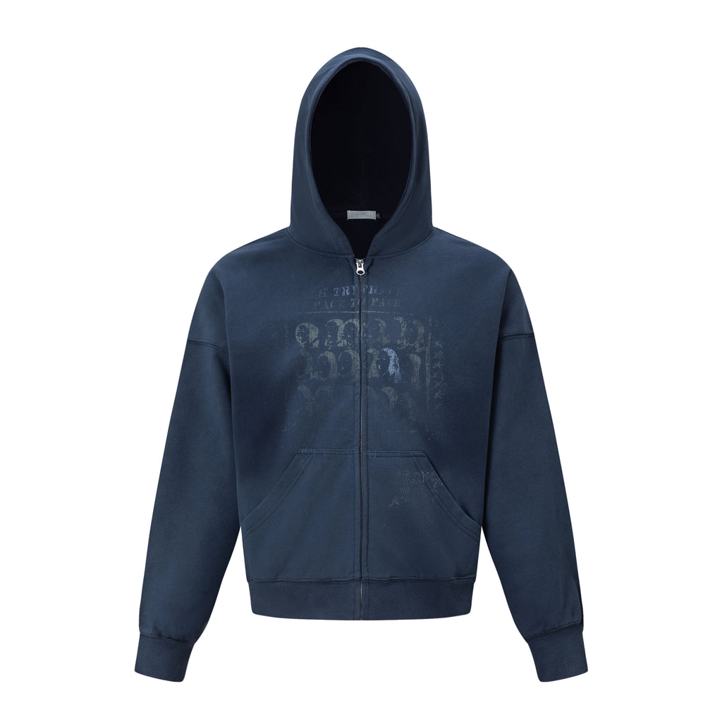 MADWITCH WASHED DISTRESSED PORTRAIT-GRAPHIC OVERSIZED ZIP HOODIE #27590