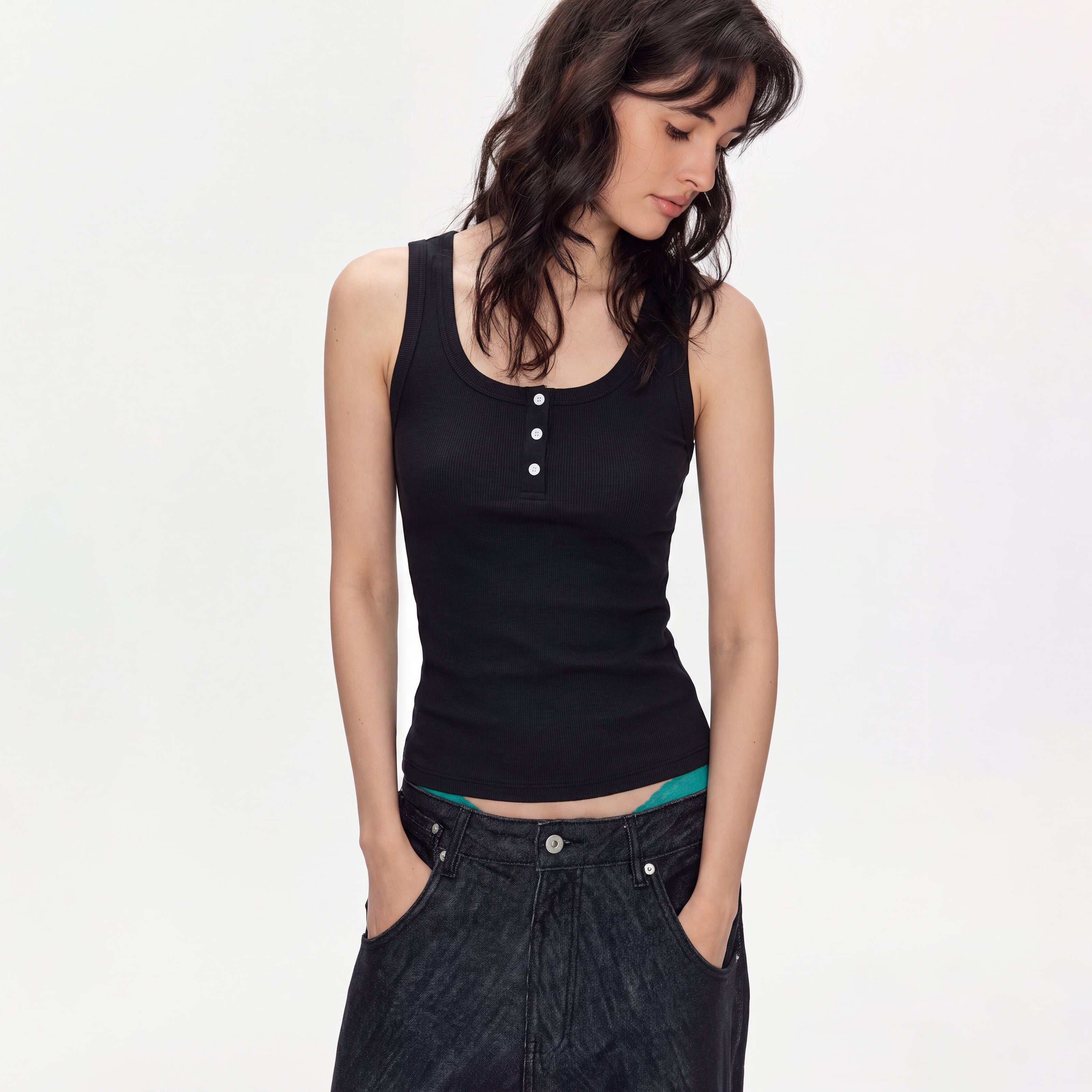 MADWITCH MINIMALIST U-NECK CROPPED RIBBED TANK TOP #C2026329