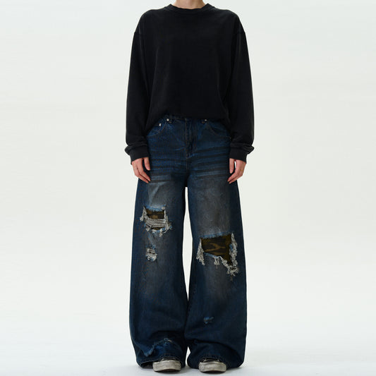 MADWITCH RIPPED CAMO PATCH DENIM JEANS #G6625