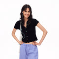 MADWITCH SCALLOPED PLACKET FLORAL BUTTON KNIT TEE #TX458