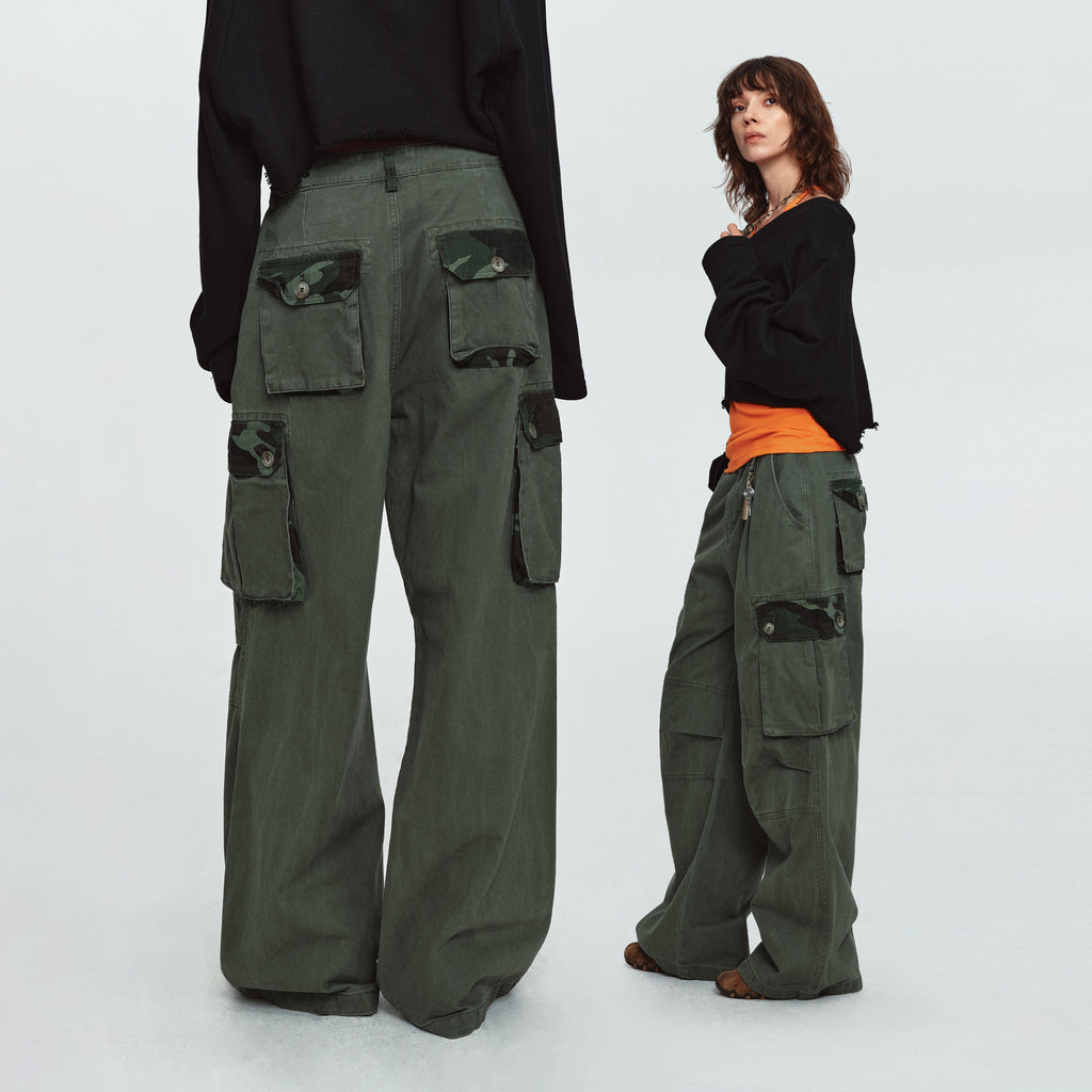 MADWITCH PLEATED CAMO-PATCHWORK WASHED CARGO PANTS #6851