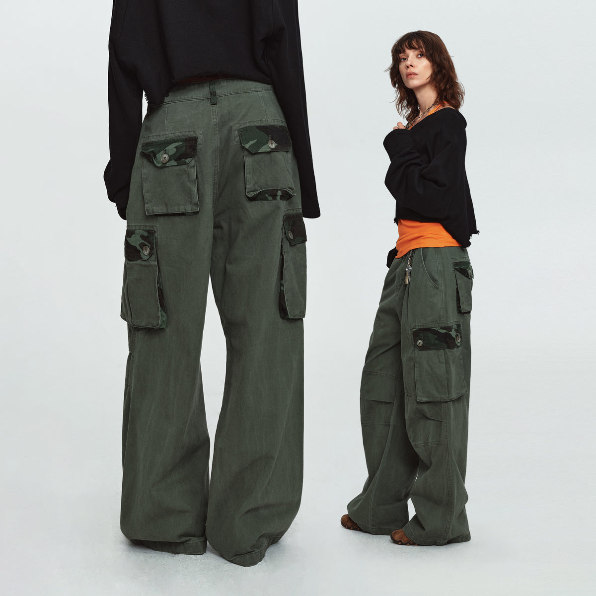 MADWITCH PLEATED CAMO-PATCHWORK WASHED CARGO PANTS #6851