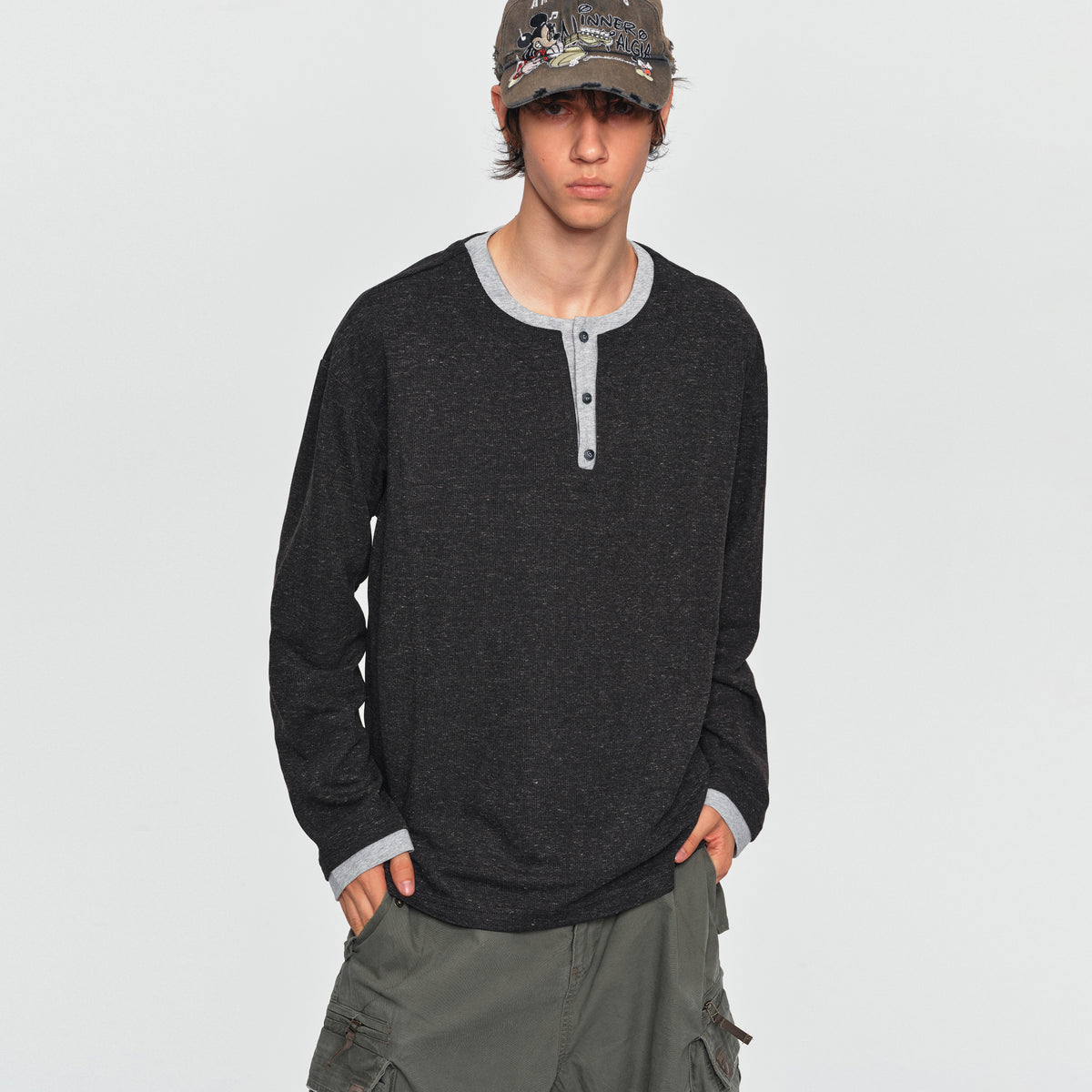 MADWITCH CONTRAST-RIB MARLED HENLEY SHIRT #880938