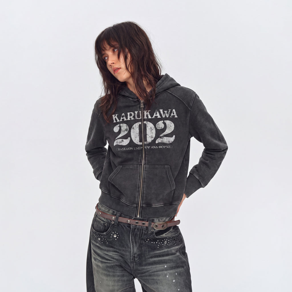 MADWITCH CRACKED-PRINT WASHED ZIP HOODIE #CW1375N